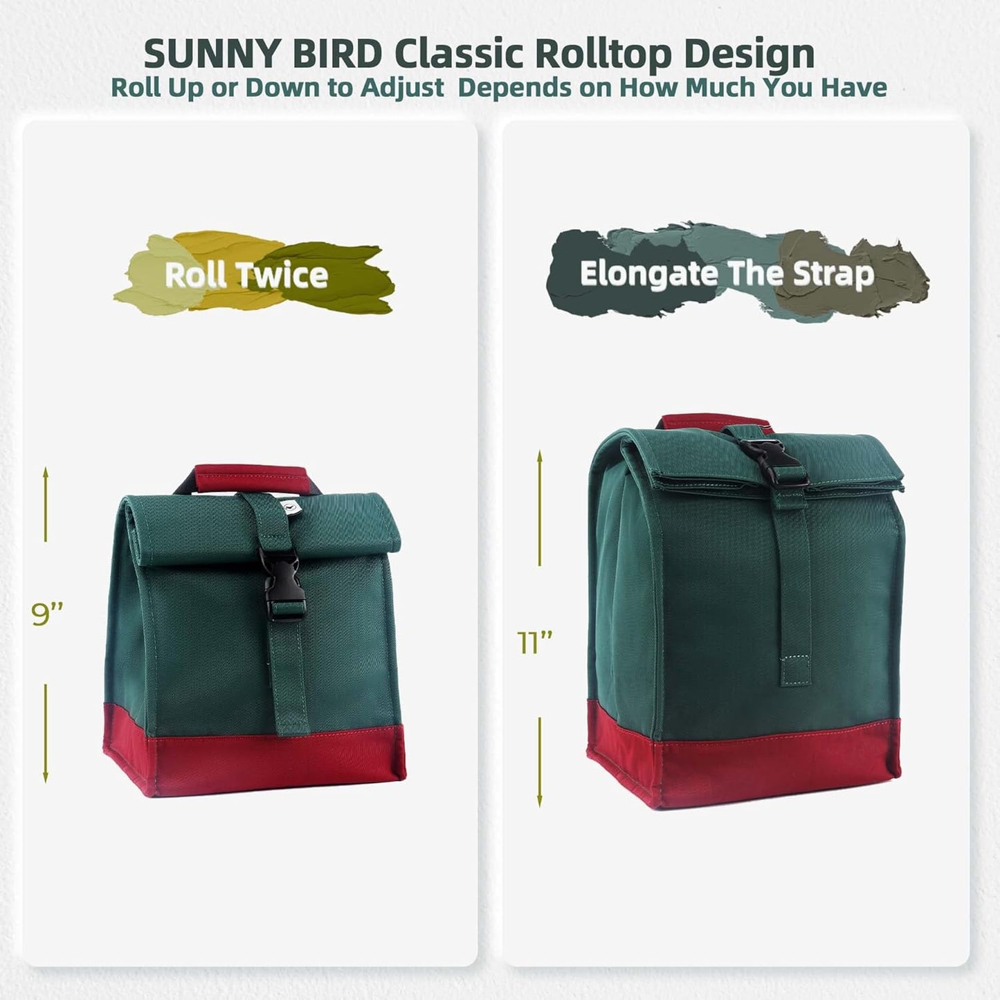 SUNNY BIRD Insulated Lunch Bag Rolltop Lunch Box Tote Lunchbox Bag for Women, Men, Adults and Teens (Green)