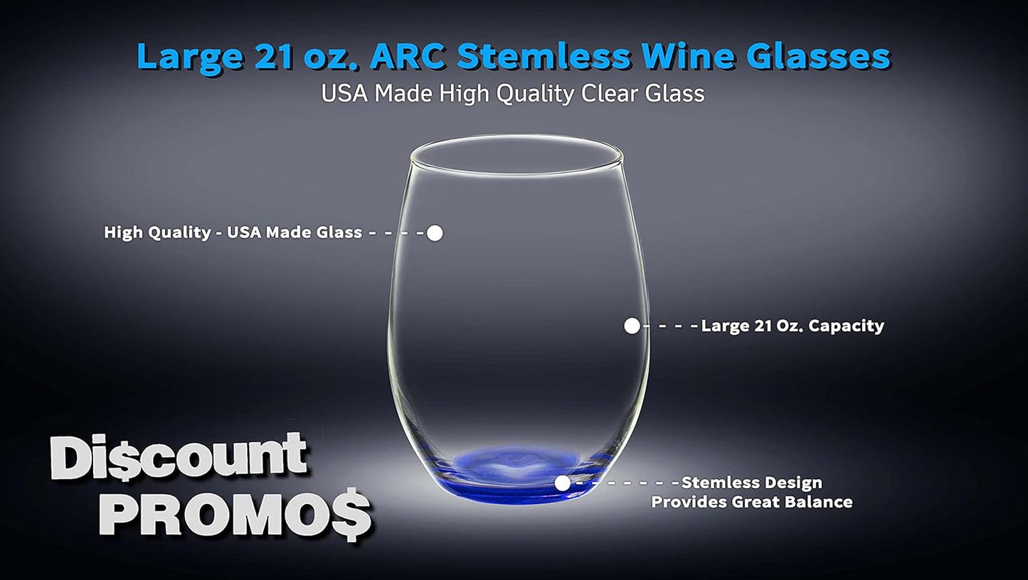 DISCOUNT PROMOS 10 ARC Stemless Wine Glasses Set, 21 oz. - Chardonnay, Cabernet, Merlot, Sauvignon - Blue
