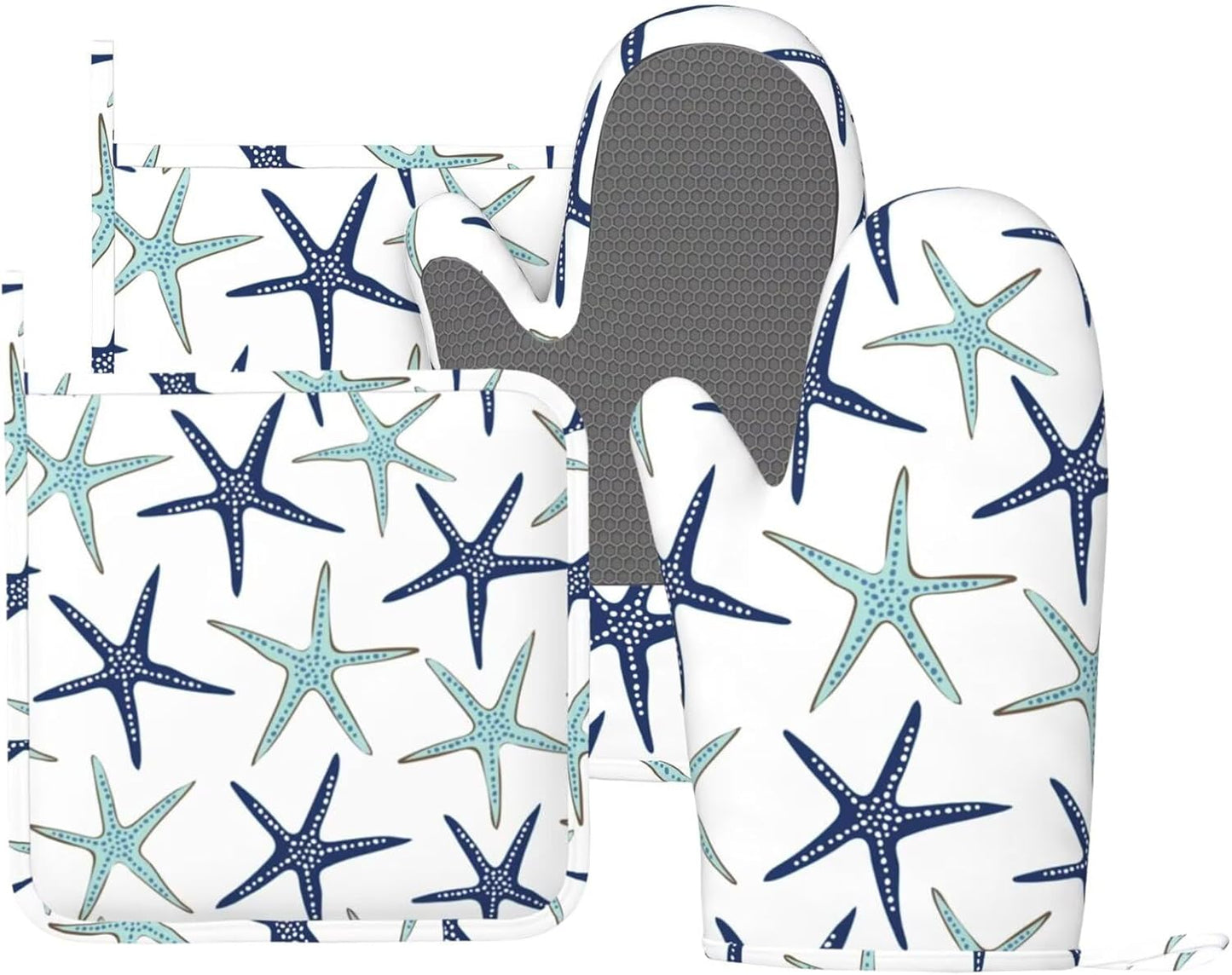 Sea Stars Oven Mitts and Pot Holders Set of 4 Silicone Navy Blue Turquoise Coastal Sea Stars Kitchen Mitten Gloves and Non-Slip Potholders Set Heat Resistant Oven Gloves Hot Holders for BBQ