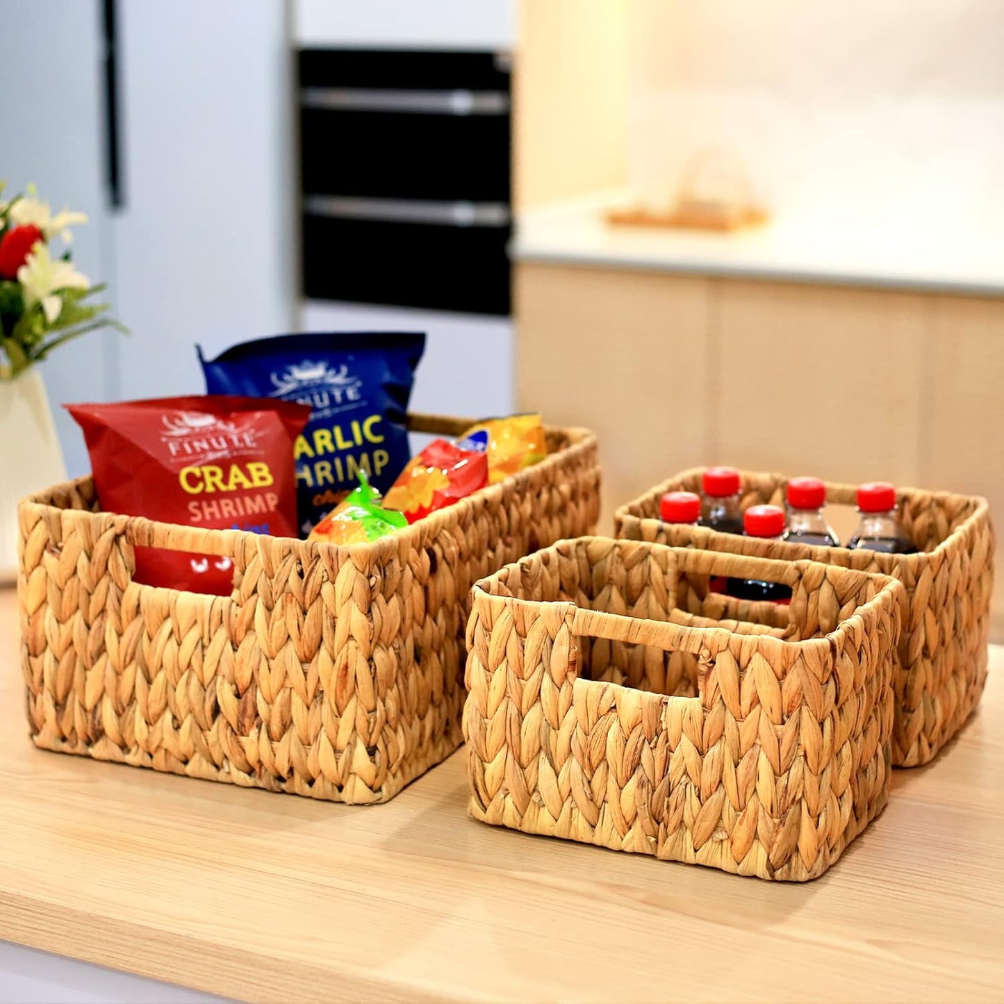 HOONEX Water Hyacinth Storage Baskets, Wicker Baskets for Storage, Hand Woven Baskets with Carry Handles, Set of 3, Natural