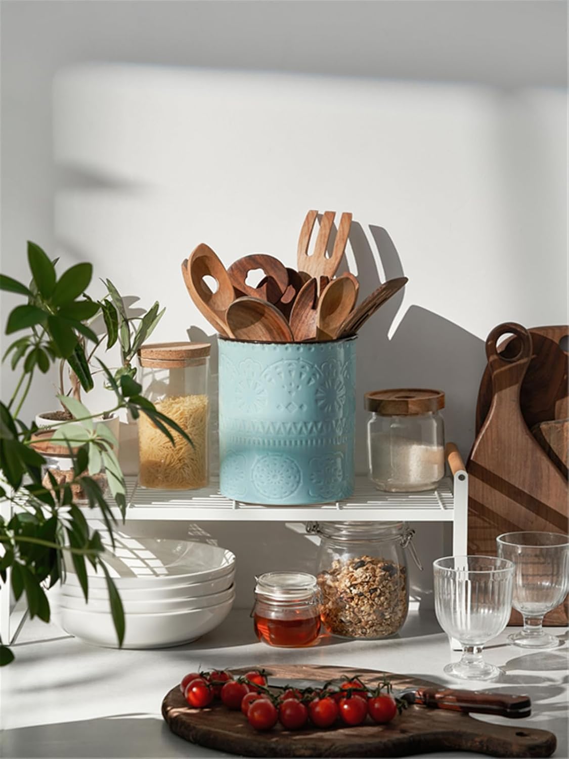 DOWAN 7.2" Kitchen Utensil Holder, Extra Large Farmhouse Utensil Holders for Countertop, Ceramic Utensil Crock, Anti Slip Cork Bottom (Blue, 7.2 Inch)