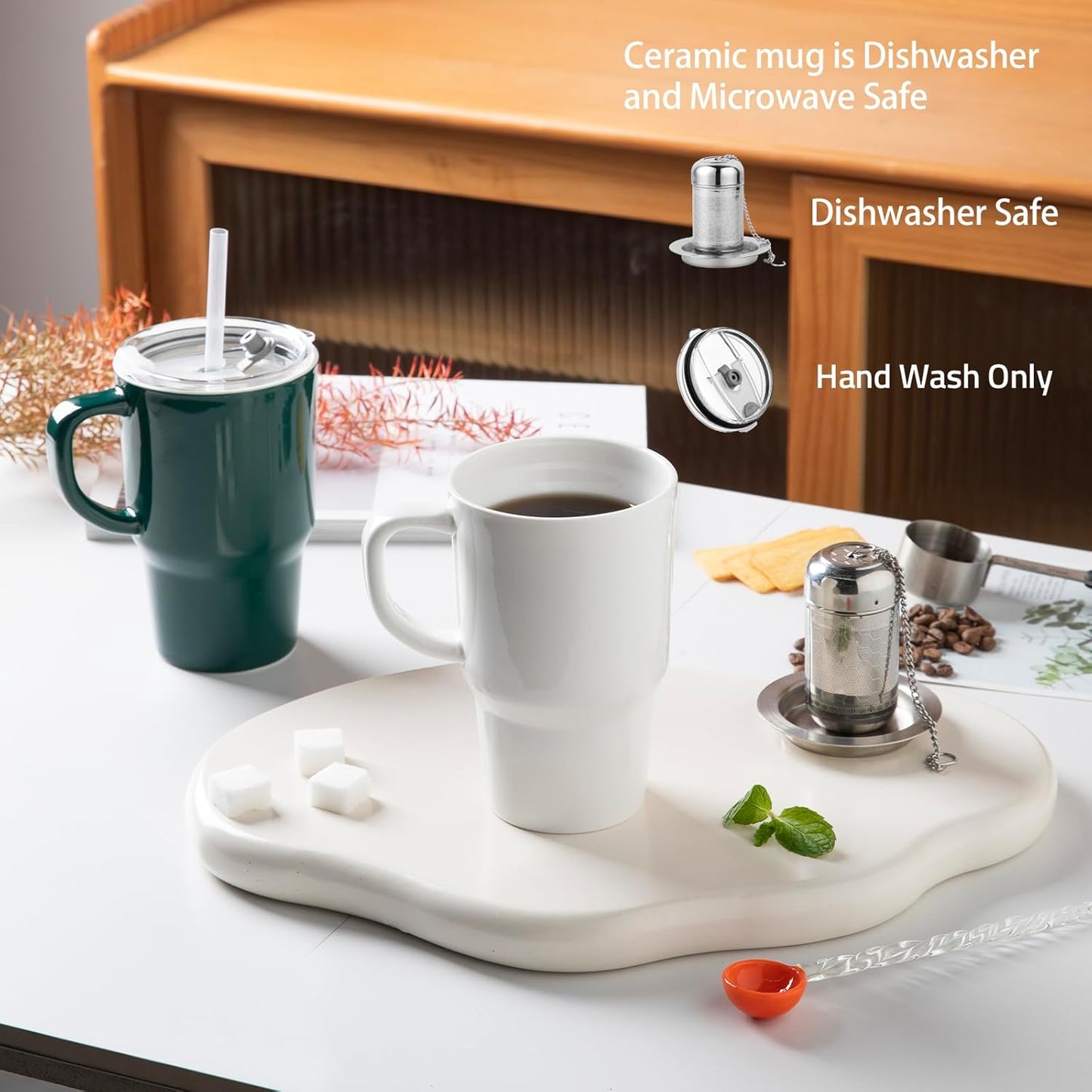 Sweejar Ceramic Travel Mug with Lid, 16 oz Portable Coffee Mug, Dishwasher Safe Tea Cup with Infuser, Reusable Teacup for Car Cup Holder, Tea Lovers(White)