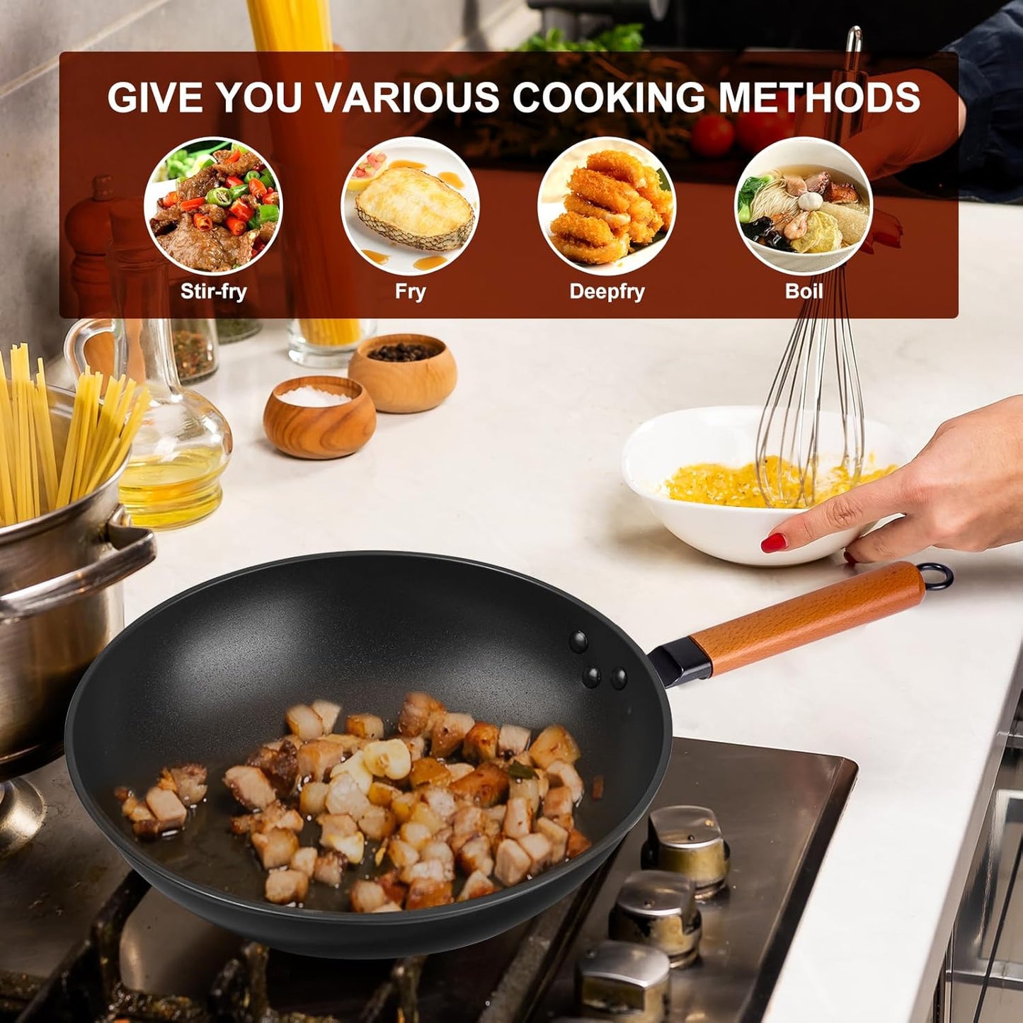 Carbon Steel Wok Pan - 12.9" Woks & Stir-Fry Pans Nonstick with Spatula: Flat Bottom Wok for Electric, Induction and Gas Stoves