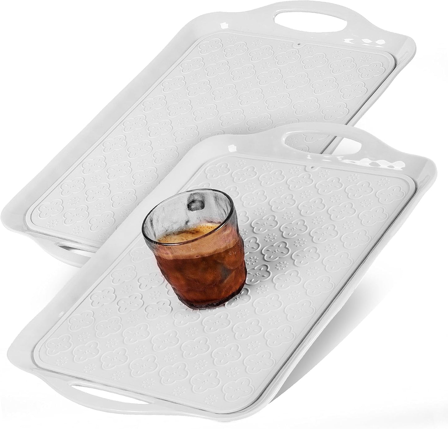 LEHAHA 17.25" x 12" Serving Trays Set of 2 White, Dinner Tray, Light Weight Easy to Clean Sturdy Stackable Melamine Serving Platter with Handle, Fruit, Snacks, and Desserts Trays.Mats Included