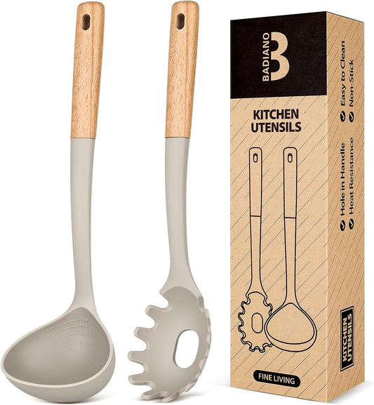 Pasta Fork and Ladle Set, Perfect for Serving Hot Soup, Stirring, and Sauce Pasta, BPA-Free Matte Silicone, Wood Handle Spaghetti Spoon for Nonstick Cooking Surfaces (Khaki)