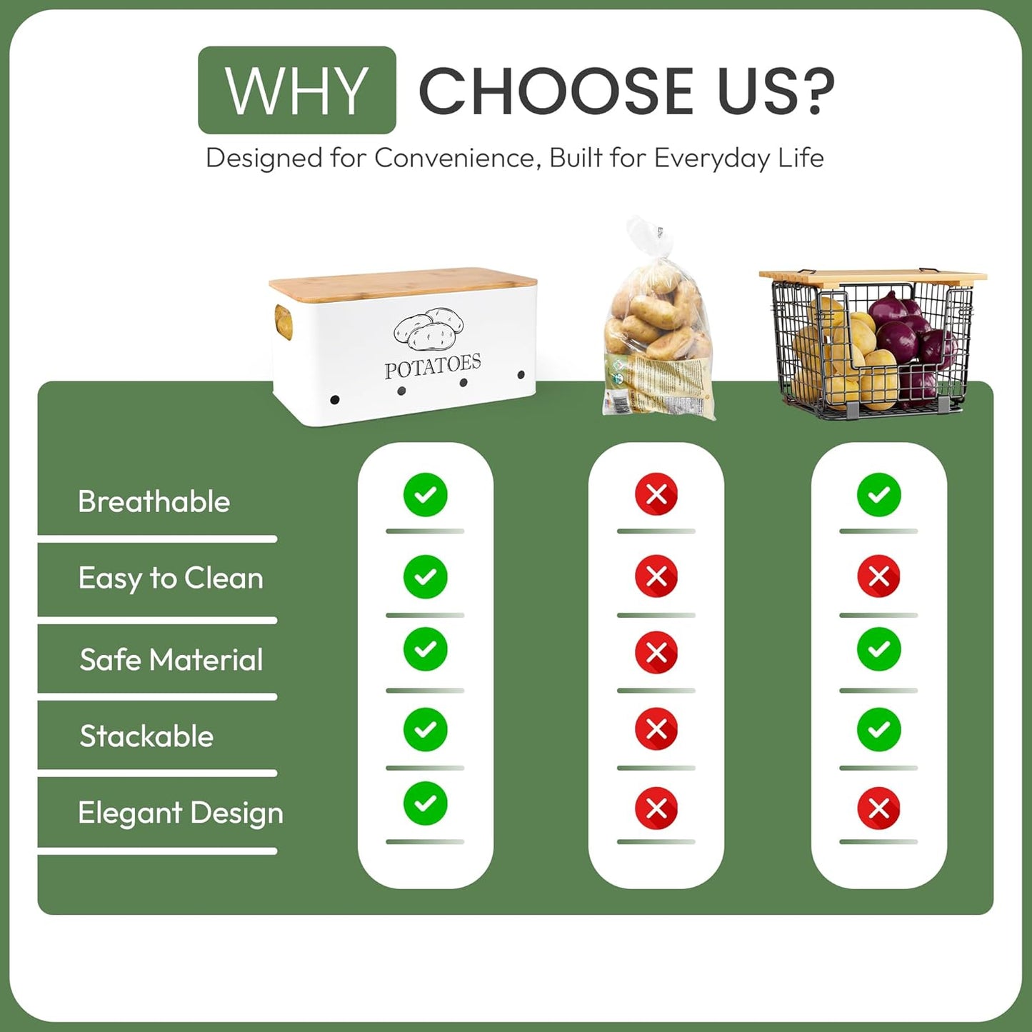 Potato Onion and Garlic Storage Bins with Wooden Lid & Breathable Holes – Rustic Farmhouse Stackable Kitchen Vegetables Canisters with Ventilation & Side Handles Space Saving – Set of 3