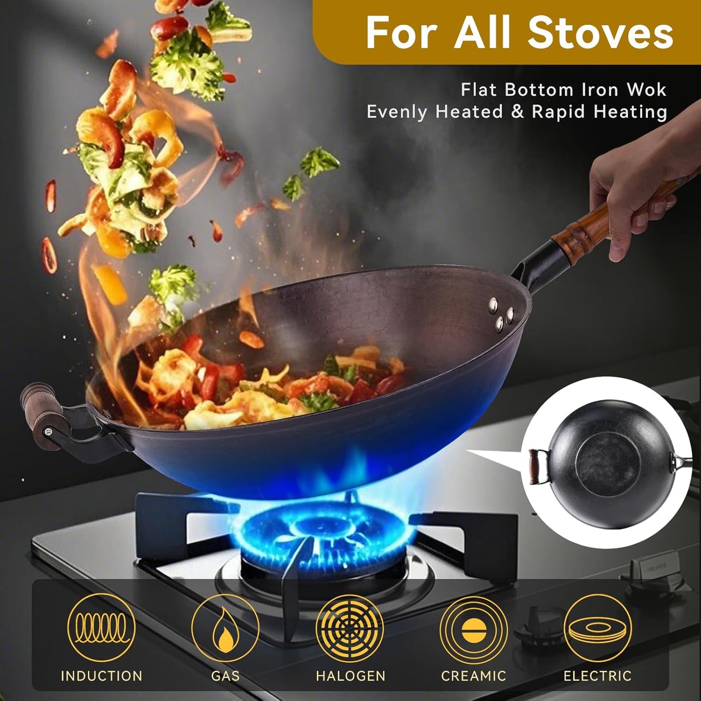 WANGYUANJI Cast Iron Wok,12.59 inch Flat Bottom Wok with Glass Lid,Suitable for All Cooktops, Uncoated Craft Pot Healthy Cooking Pot