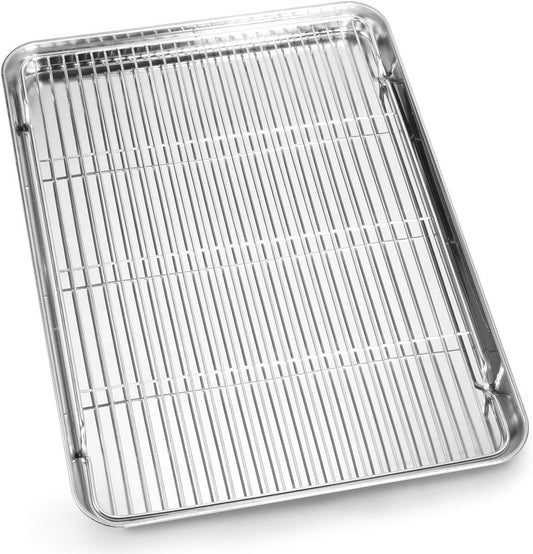 Cookie Sheet and Cooling Rack Set, 16 inch Stainless Steel Baking Pan with a Rack, Professional Bakeware, Healthy & Non-toxic & Rustproof & Easy Clean & Dishwasher Safe