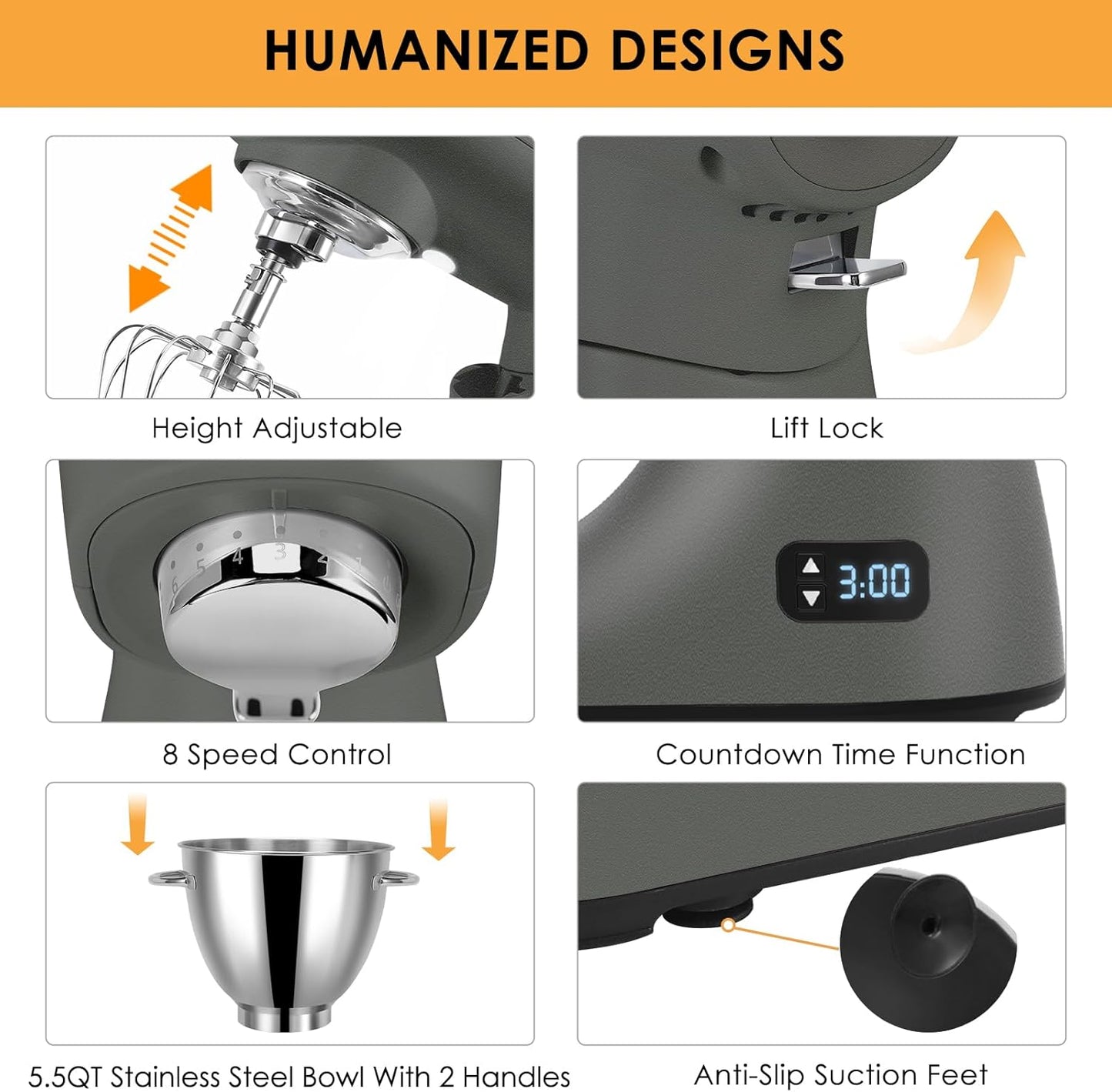 ZACME Mixers Kitchen Electric Stand Mixer 5.5QT 600W, Aluminum die casting and Gears, Dual Cooling System, Low Noise, DC Motor, LED Display and Timing Function, Tilt-head Metal Food Mixer, Grey