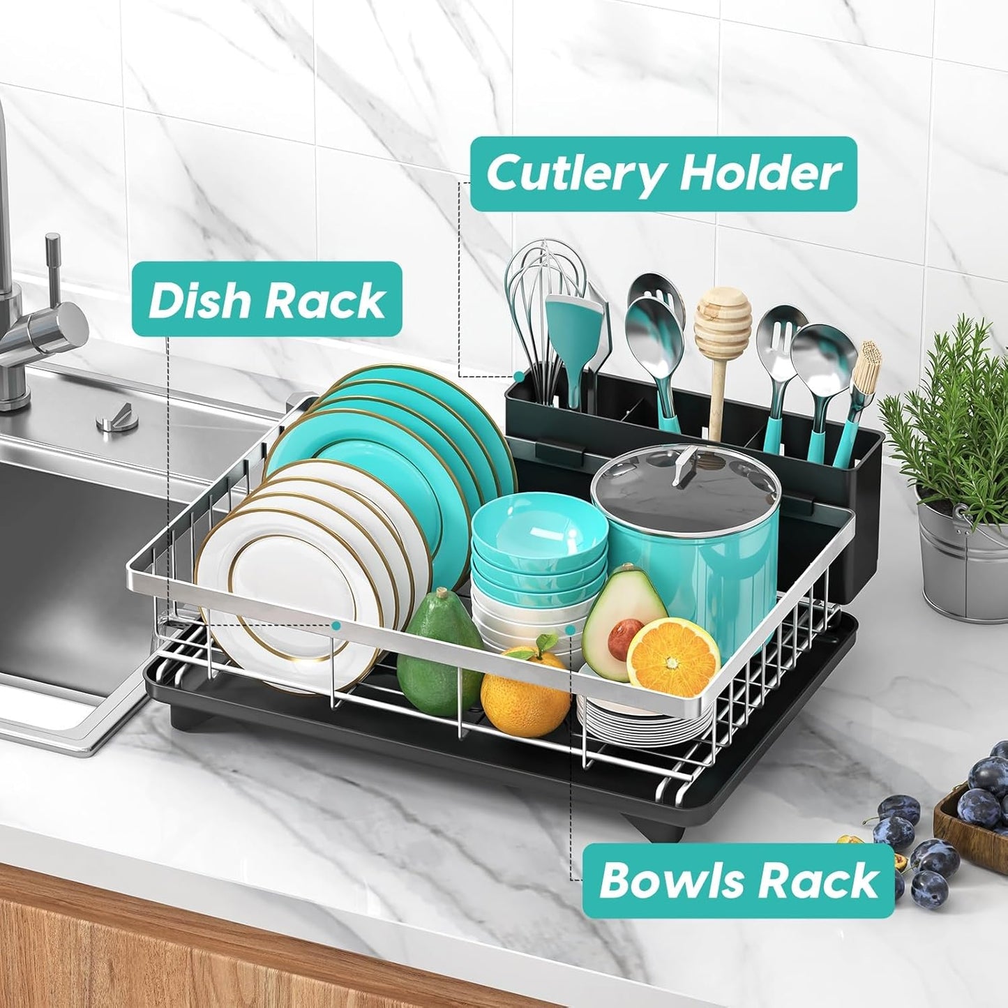 MERRYBOX Stainless Steel Dish Drying Rack for Kitchen Counter Sink，Rustproof Stainless Steel Dish Rack with Large 3-Compartment Utensil Holder