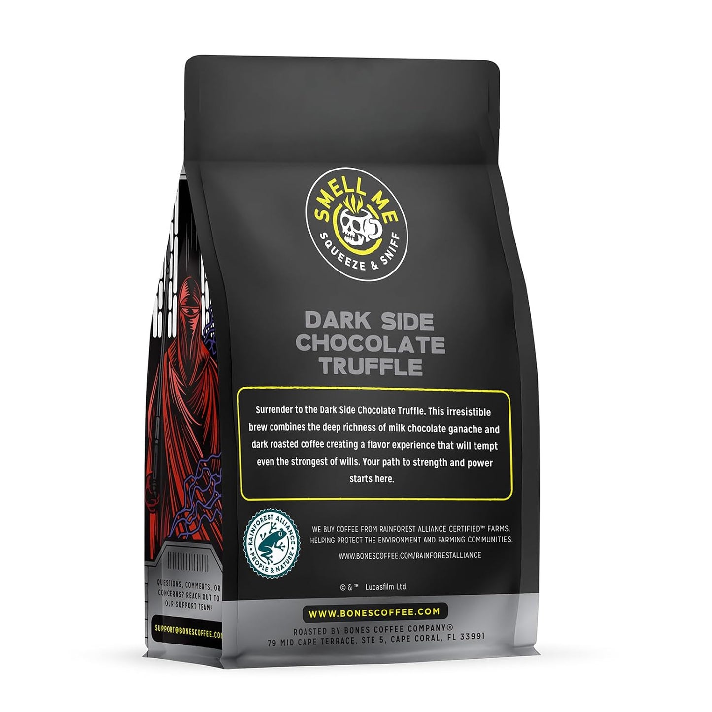 Bones Coffee Company Star Wars Dark Side Chocolate Truffle Flavored Coffee, Medium Roast Low Acid Arabica Beans Compatible with Auto drip and French Press Coffee Maker, 12 Oz Whole Bean