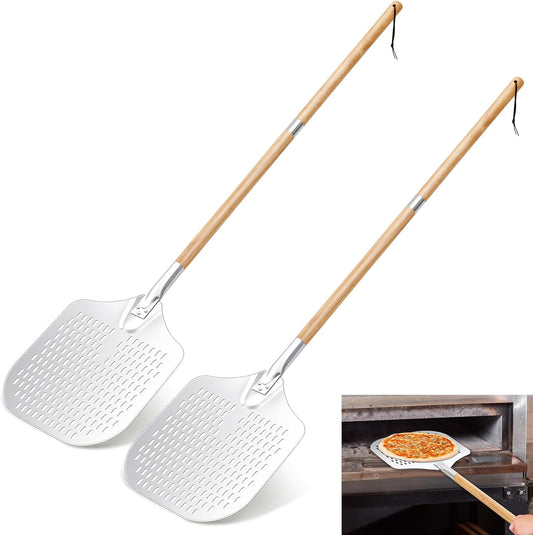 Maxdot 2 Pcs Perforated Pizza Peel 12 x 14 Inch Aluminum Pizza Spatula with Detachable Wood 52-inch Long Extendable Handle for Baking Homemade Pie Bread
