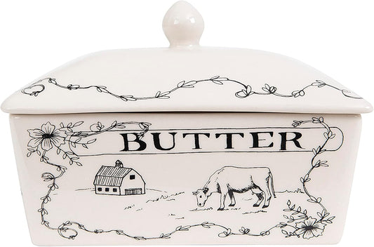 Creative Co-Op Country Stoneware Butter Dish with Lid, "Spread the Love" Message, and Farm Line Drawing, White and Black, Food, Microwave, and Dishwasher Safe