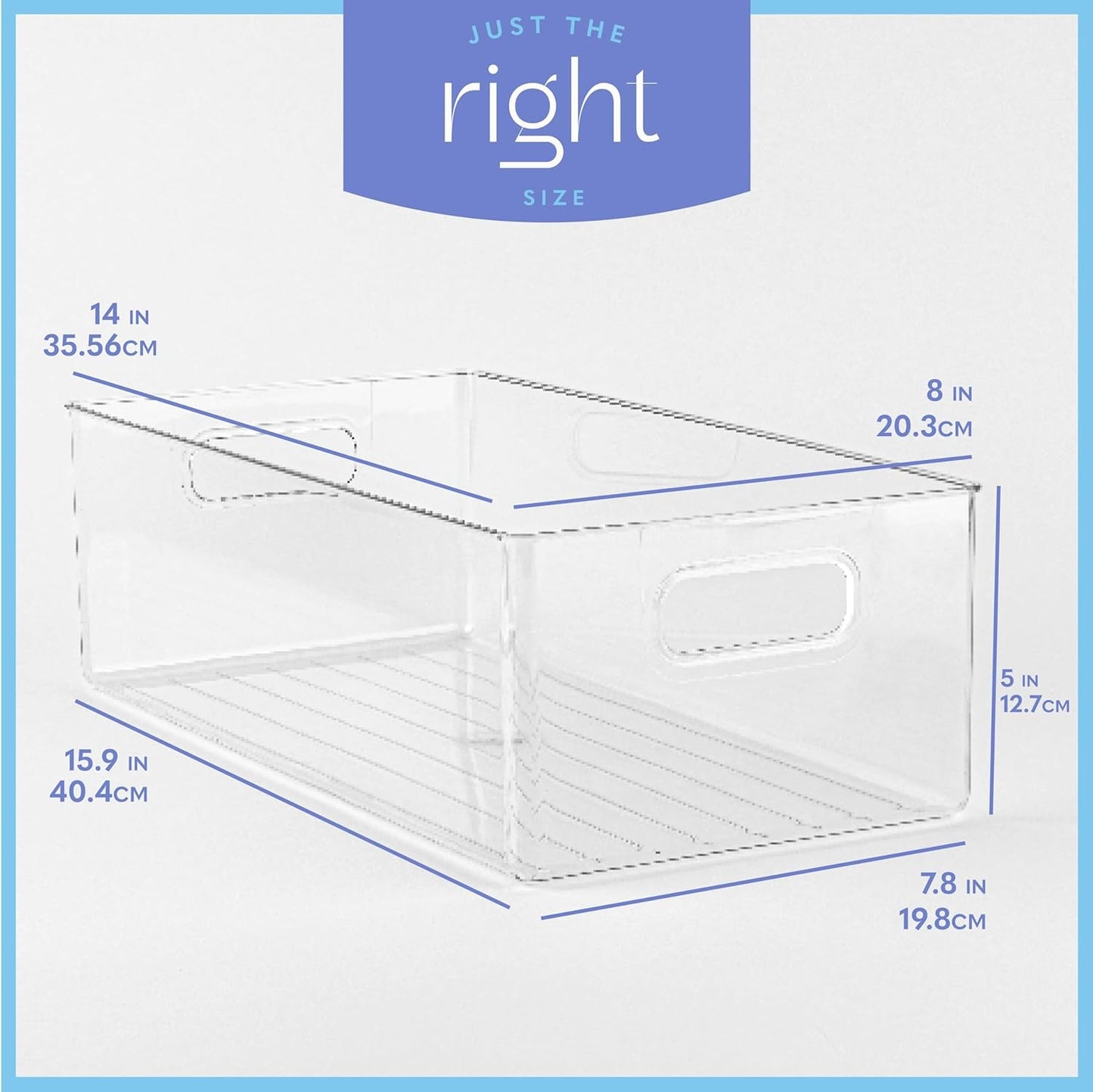 Plastic Food Storage 2 Pack Clear Container Bin with Handles for Organizing Kitchen, Pantry, Refrigerator, Freezer, Pantry, Cabinet, Closet, Bathroom. 14”x8”x5”