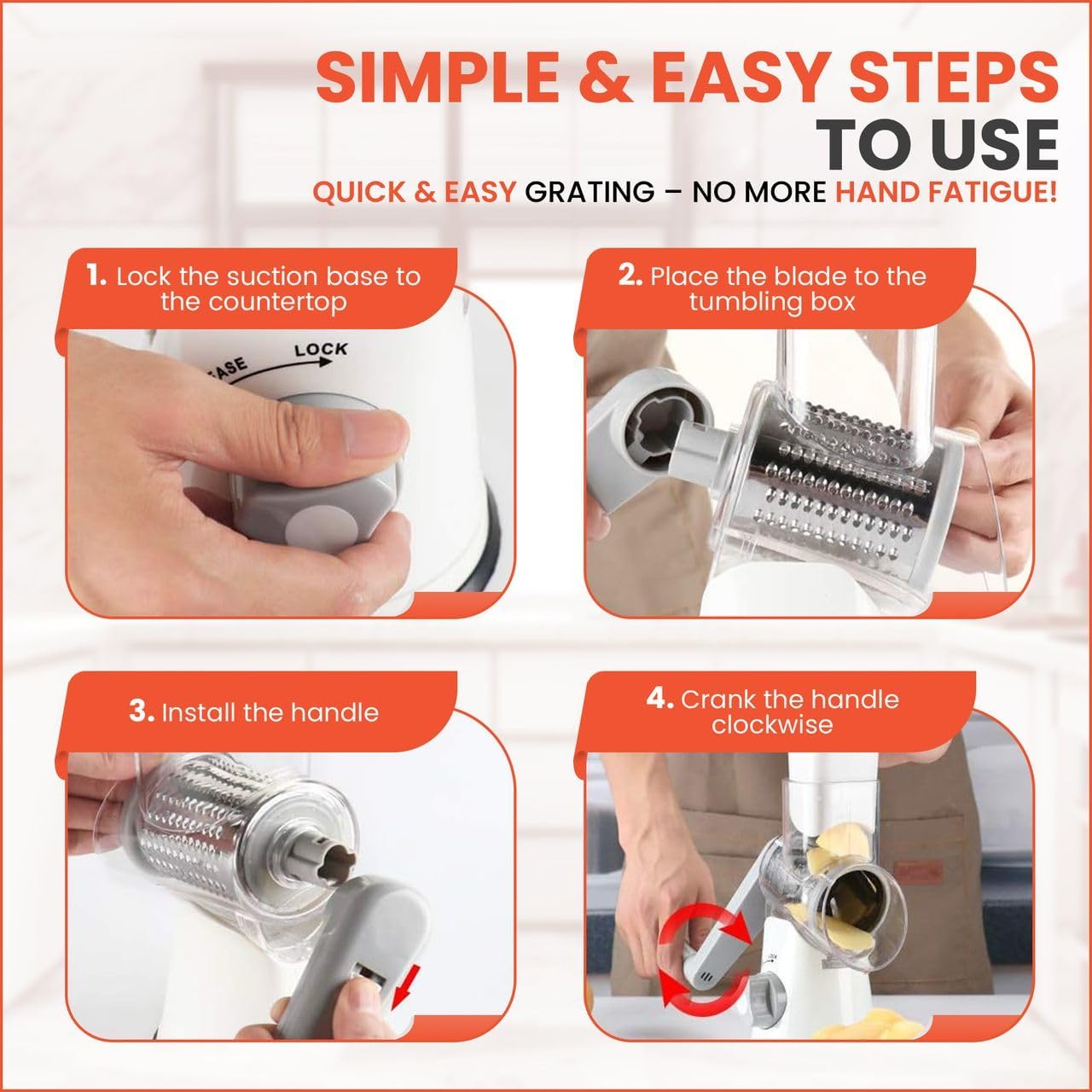 Rotary Cheese Grater Hand Crank with handle - Upgraded strong suction, changeable blades, handheld kitchen aid 3-in-1 Cheese Shredder. Kitchen Rotary Grater Slicer for Fruit, Vegetables, Nuts