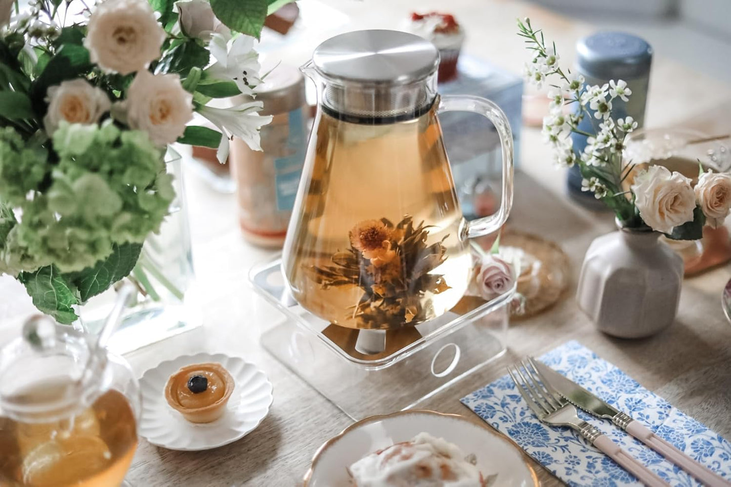 Teabloom One-Touch Tea Maker, 2-in-1 Teapot and Kettle with Stainless Steel Filter Lid for Loose Tea – Stain-free Borosilicate Glass Teapot (56 Oz) – Tea Connoisseur's Choice