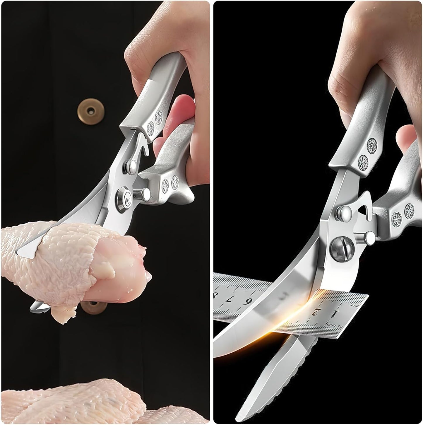 Poultry Shears Heavy Duty Professional, Multipurpose Kitchen Shears with Sheath, Spring-Loaded Stainless Steel Chef Scissors Cutting Bone, Chicken, Fish, Food, Meat, Full Steel Handle Silver