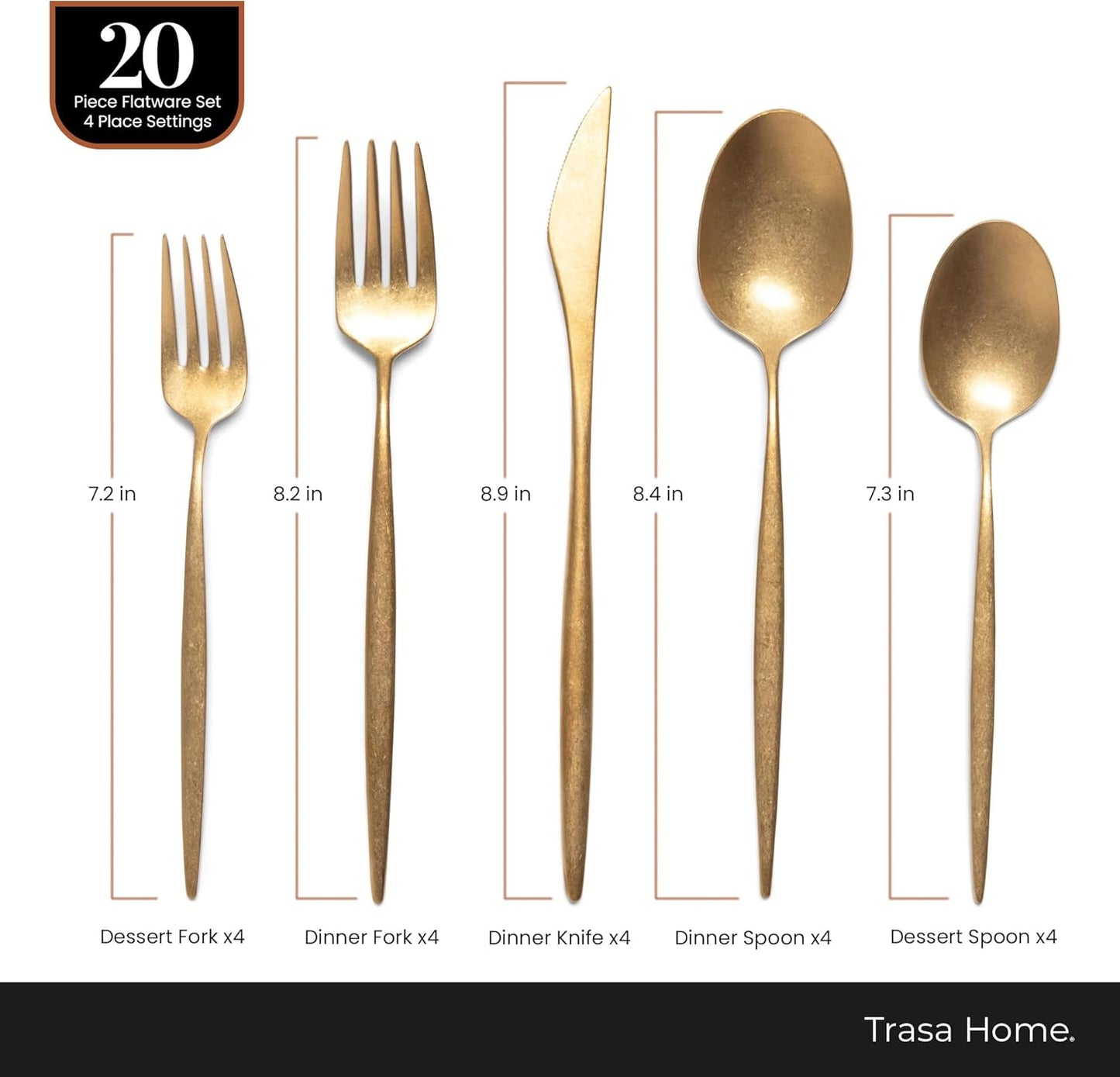 Luxury Vintage Flatware 20-Piece Set – Service for 4, Premium Stainless Steel with Weighted Handles, Aged Heirloom Finish, Dishwasher Safe, Elegant and Modern Cutlery (Vintage Gold)