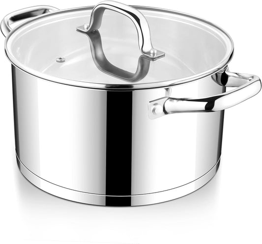 E-far Stainless Steel Stock Pot, 8 Quart Tri-ply Base Cooking Pot with Glass Lid, Induction Soup Pot Compatible with All Stoves, Nontoxic & Thick Bottom, Oven & Dishwasher Safe