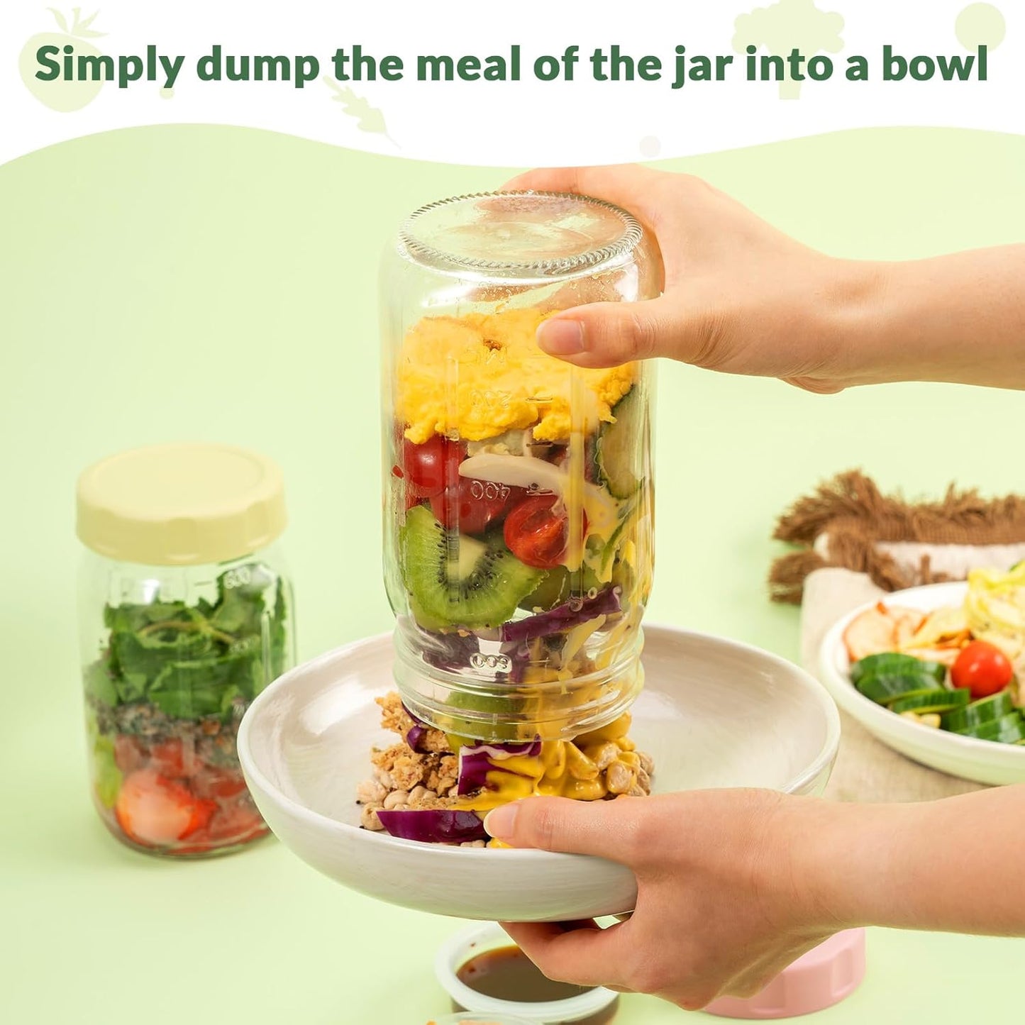 SOLIGT 4 Pack Glass Salad Jars with Lids Meal Prep, Leakproof Container for Lunch, with Wet/Dry Separation Cups, 32oz Mason Jars (Pink/Orange/Sky Blue/Olive Green)