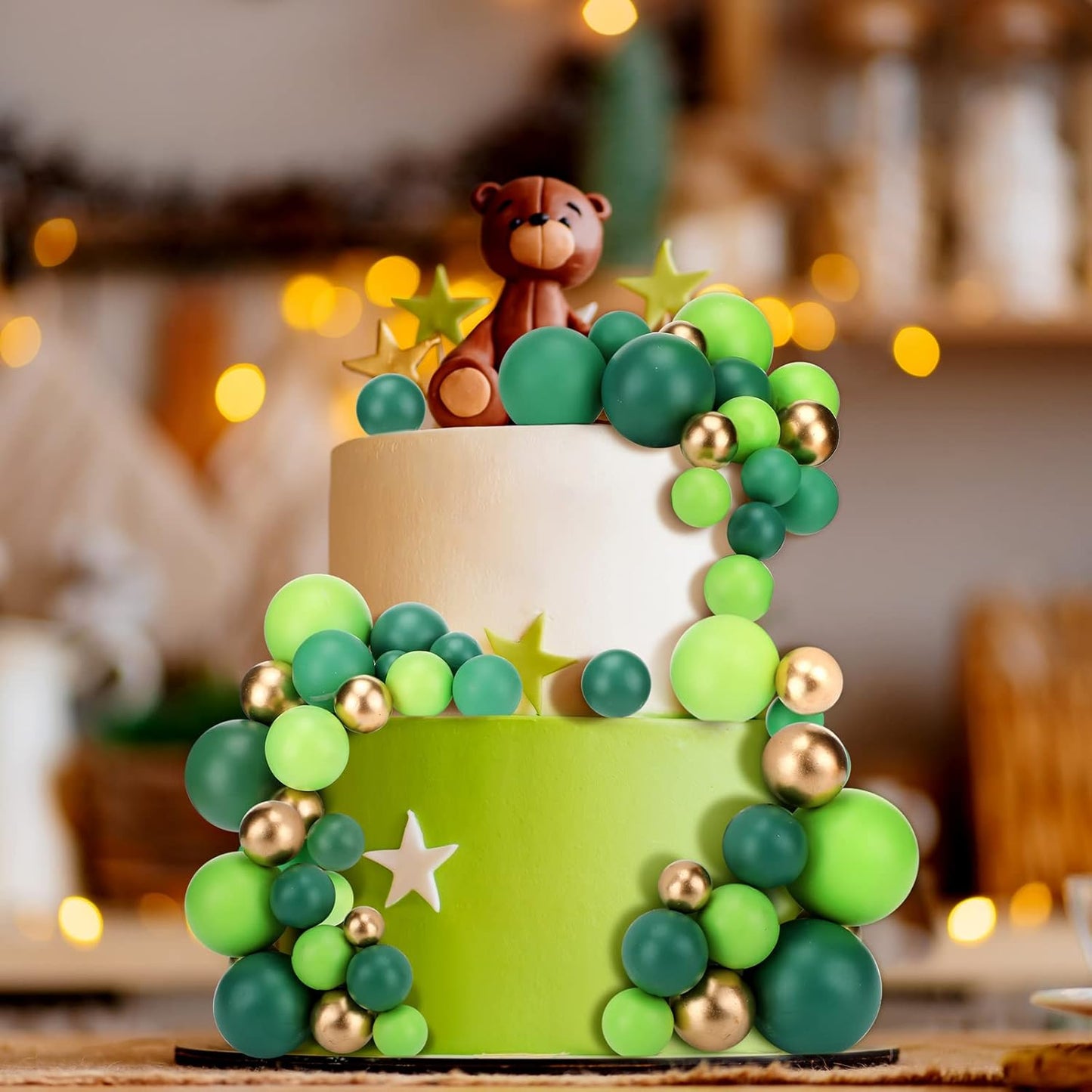 108 Pcs Balls Cake Topper DIY Cupcake Insert Foam Balloons for Cake Baking Wedding Anniversary Birthday Decoration(Assorted Green, Gold,Multi Sizes)