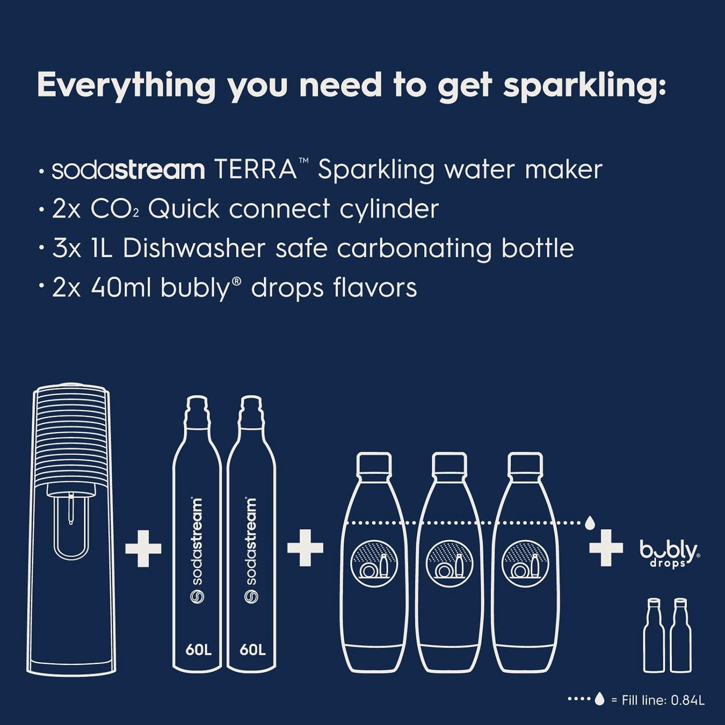 SodaStream Terra Sparkling Water Maker Bundle (Black), with CO2, DWS Bottles, and Bubly Drops Flavors
