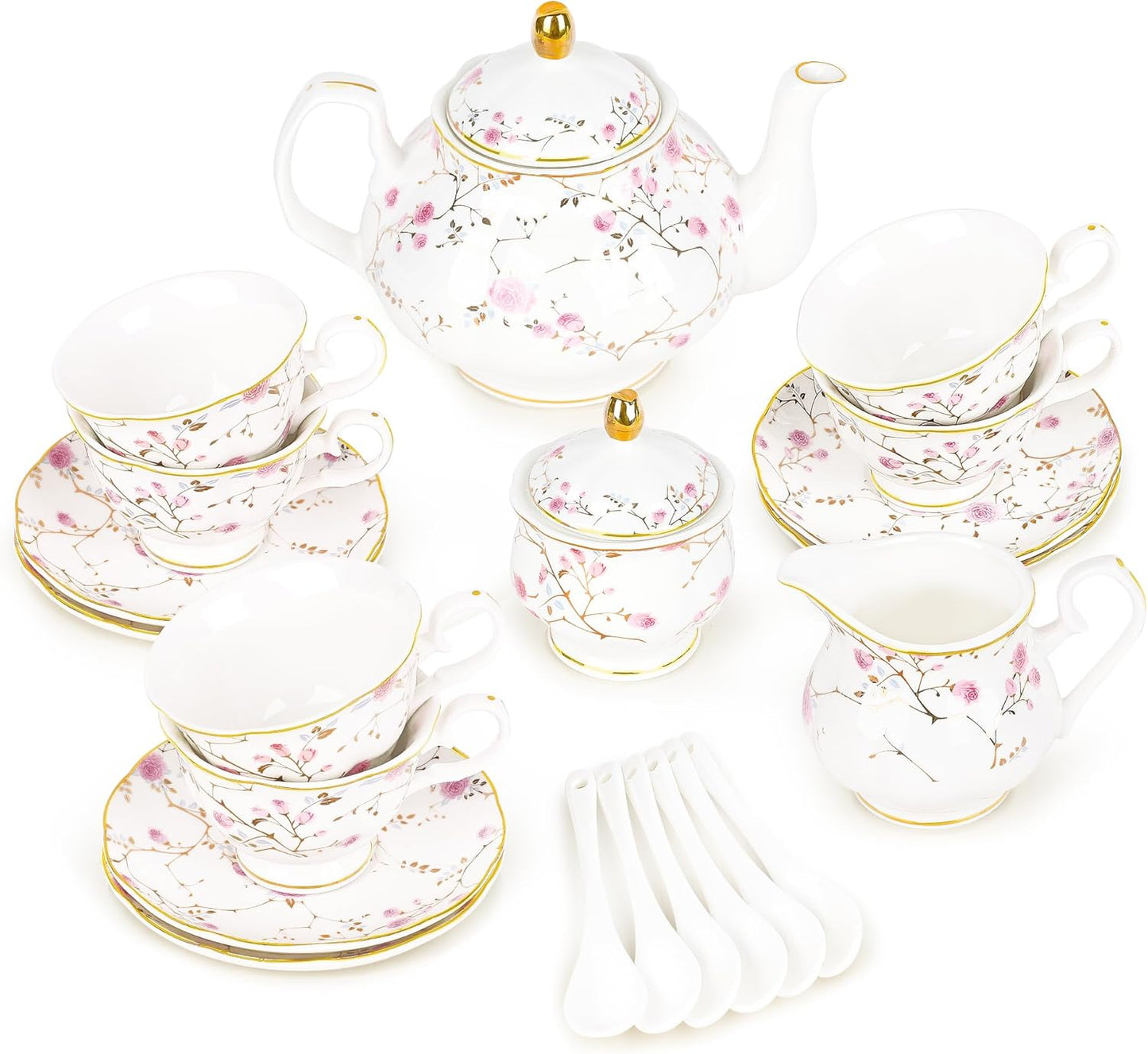 fanquare 21-Piece Gold Vine Floral Porcelain Tea Sets with Sugar Bowl Creamer Teacups, English Bone China Tea Service for Women TeaParty Family Gathering Home Décor