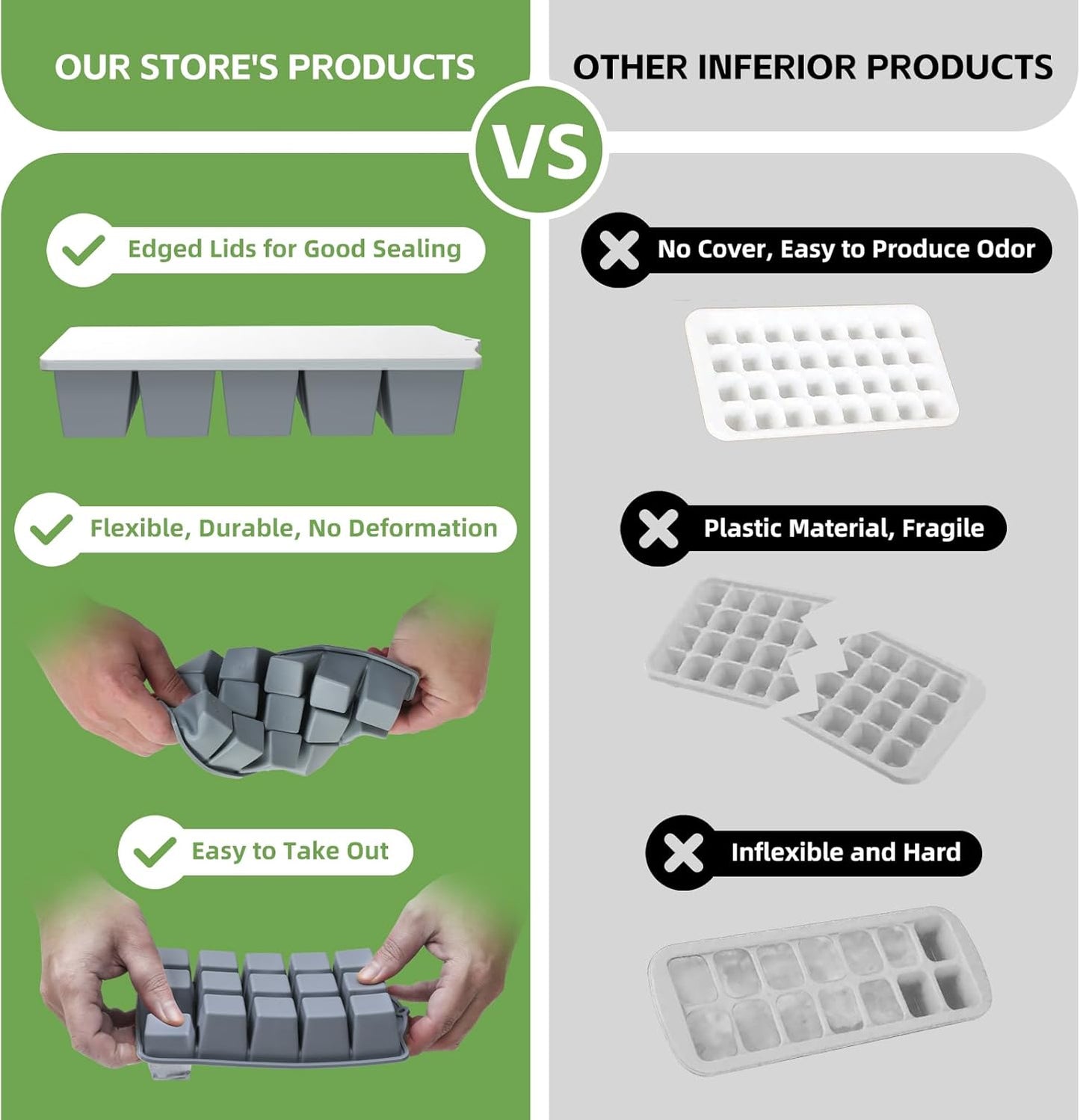 Silicone Ice Cube Tray, 2 Pack Easy-Release Stackable Ice Trays for Freezer with Lid 15 Reusable Cubes, Food Grade BPA Free Ice Molds for Whiskey, Baby Food, Coffee, Cocktail (Grey+Green)