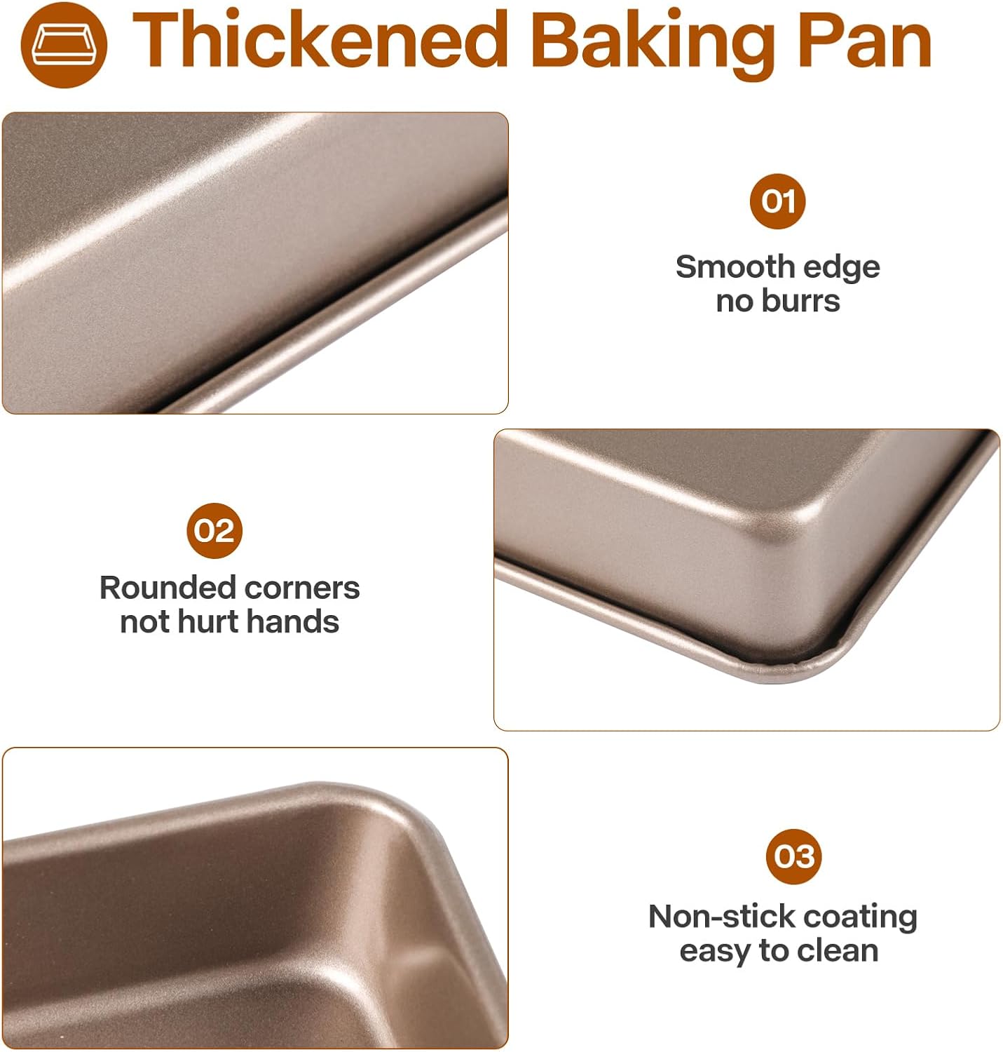 Rectangle Cake Pan, 9x11 Baking Pan, Deep Bread Pan Nonstick, Toaster Oven Tray Bakeware for Brownies, Heavy Duty, 11x9x2 Inch, Pack of 2, Gold, Easy Release