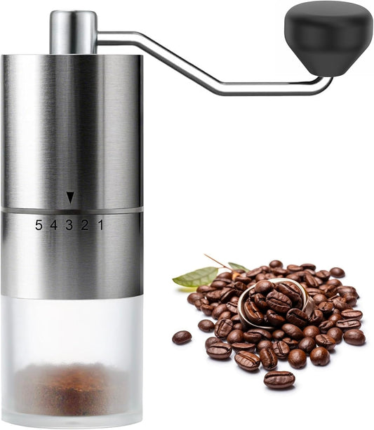 Portable Manual Coffee Grinder - Conical Burr with 5 Adjustable Settings for Smooth Grinding, Perfect for Espresso Enthusiasts at Home, Office, or Camping