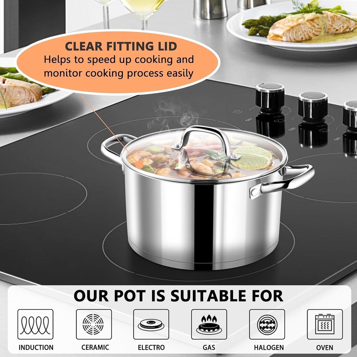 P&P CHEF 5 Quarts Cooking Stock Pot with Lid, Stainless Steel Stockpot Induction Pot for Soup, Tri-Ply Bottom & Clear Glass Lid & Double Handle, Dishwasher Safe