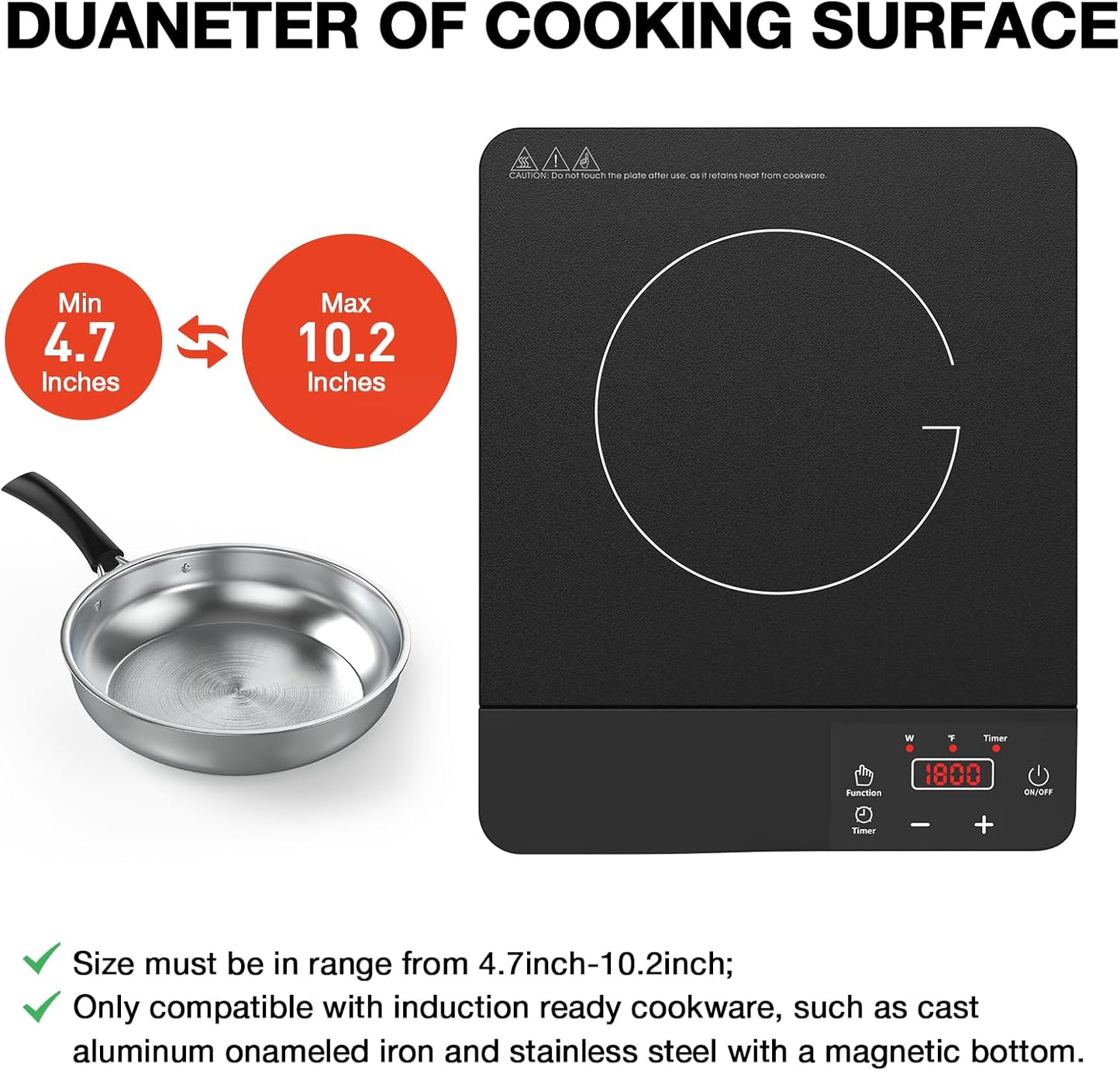 Induction Cooktop,1800W Portable Induction Burner & 10 Inch Fry Pan,110V-120V Hot Plate for Home, Electric Cooktop with 8 Power & 8 Temperature Levels,Timer