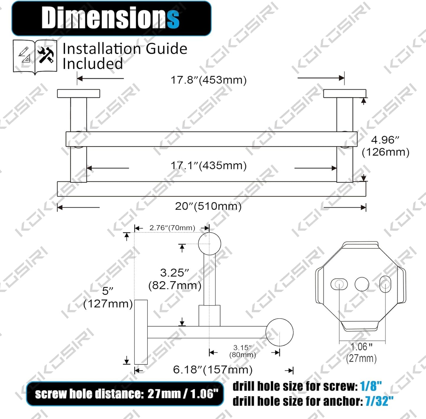 KOKOSIRI Bathroom Towel Bars 20 Inch Double Towel Rails Matte Black Towel Holder for Kitchen Garage Wall Mount Stainless Steel B5009BK-L20
