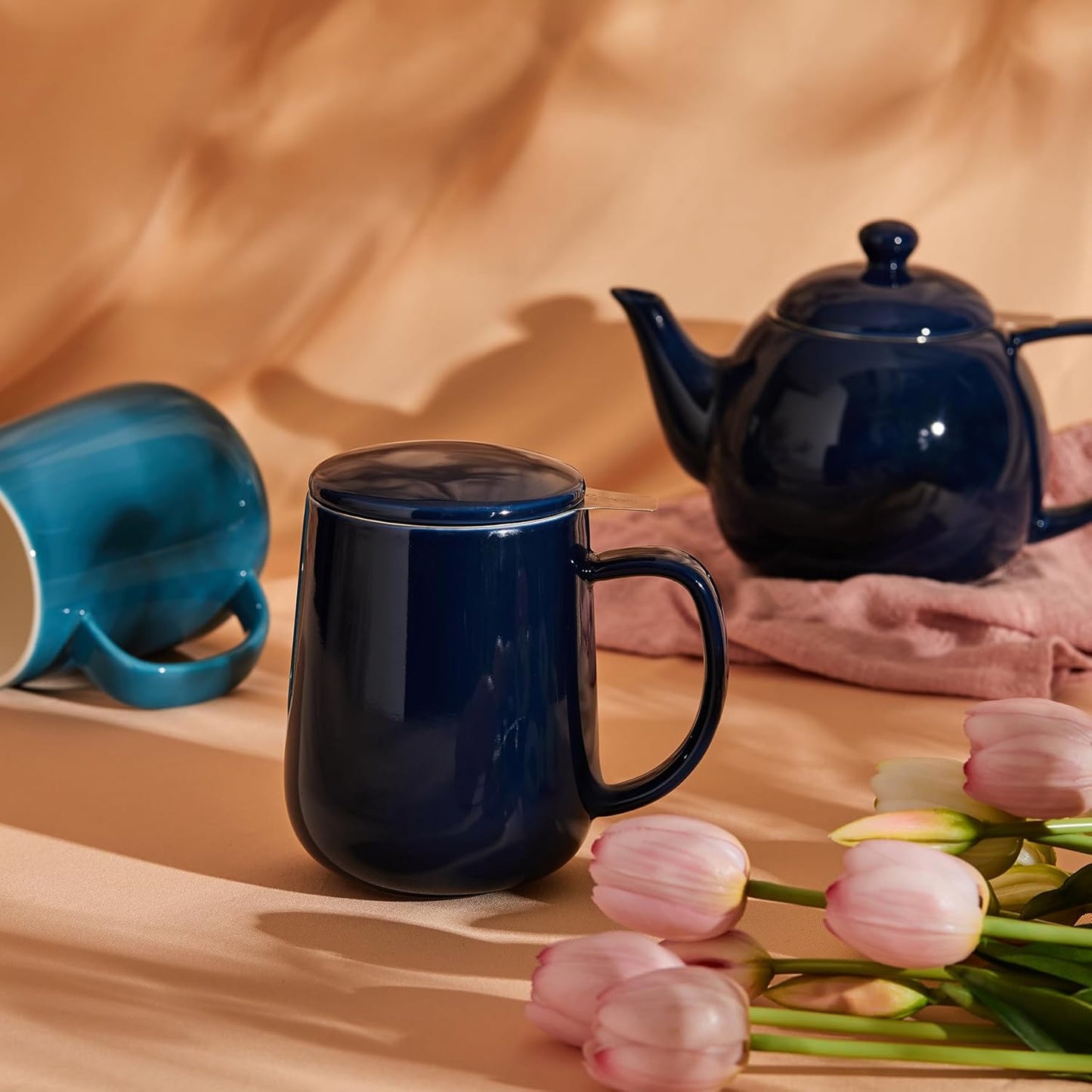 Sweese 20oz Porcelain Teacup with Infuser and Lid, Large Tea Mug for Loose Tea - Microwave and Dishwasher Safe, Insulated, Modern Design for Tea Lovers