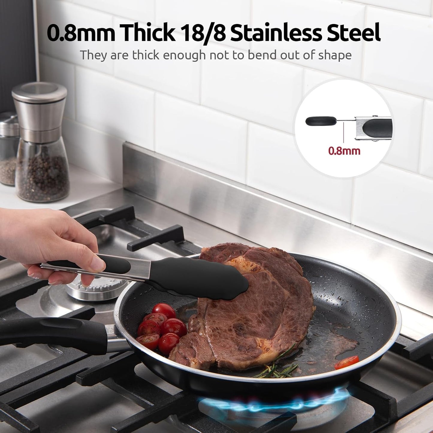 600ºF Heat Resistant Kitchen Tong: U-Taste 7 inch Silicone Cooking Tong with Firm Sealed Non Stick Rubber Tips & Silicon Coated 18/8 Stainless Steel Handle & Smooth Locking for Serving Salad (Black)