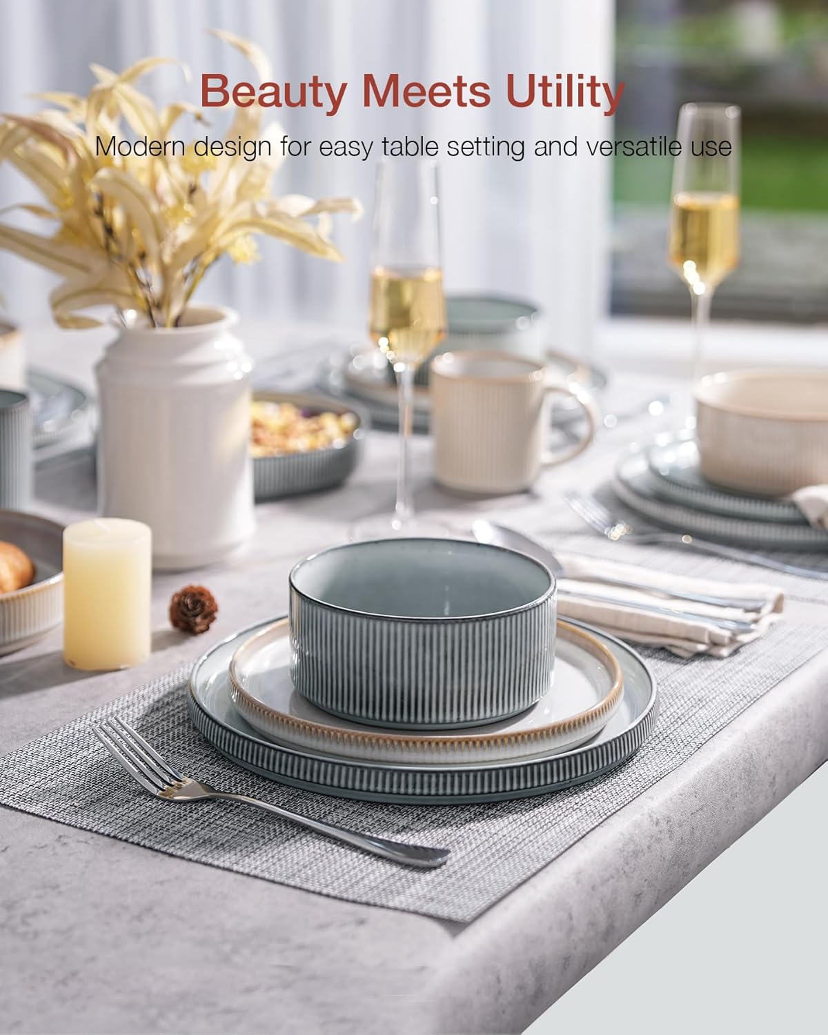 Famiware Star Dinnerware Set, Plates and Bowls Sets for 4 (12pcs), Ribbed Stoneware Dishes - Chip & Scratch Resistant, Microwave & Dishwasher Safe, Multicolor - Cappuccino White & Smoky Blue