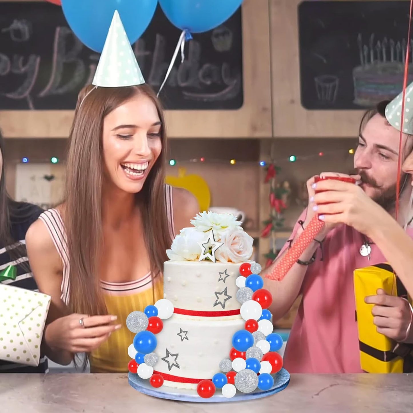 BEISHIDA 40 Pcs Foam Ball Cake Toppers with Sticks Mini Cake Decorations for Birthdays, Weddings, Baby Showers, DIY Baking Supplies, Anniversary Party (Red, Blue, White，Silver)