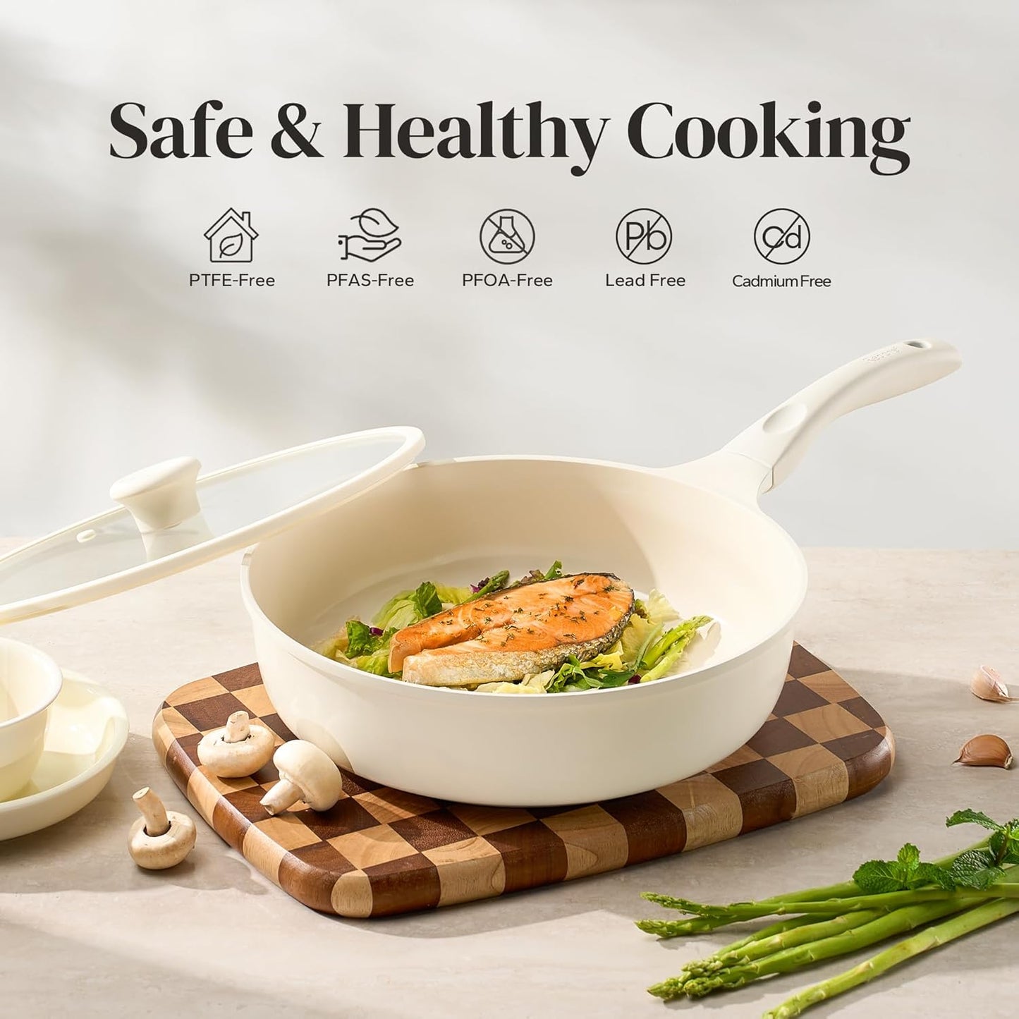 Redchef Ceramic Frying Pan with Glass Lid, Nonstick Deep Saute Pan for All Stovetops, Healthy Cooking Pan, Ergonomic Handle, Fast Even Heating, Splatter Prevention, Oven Safe, Beige (5.2Qt, 12")