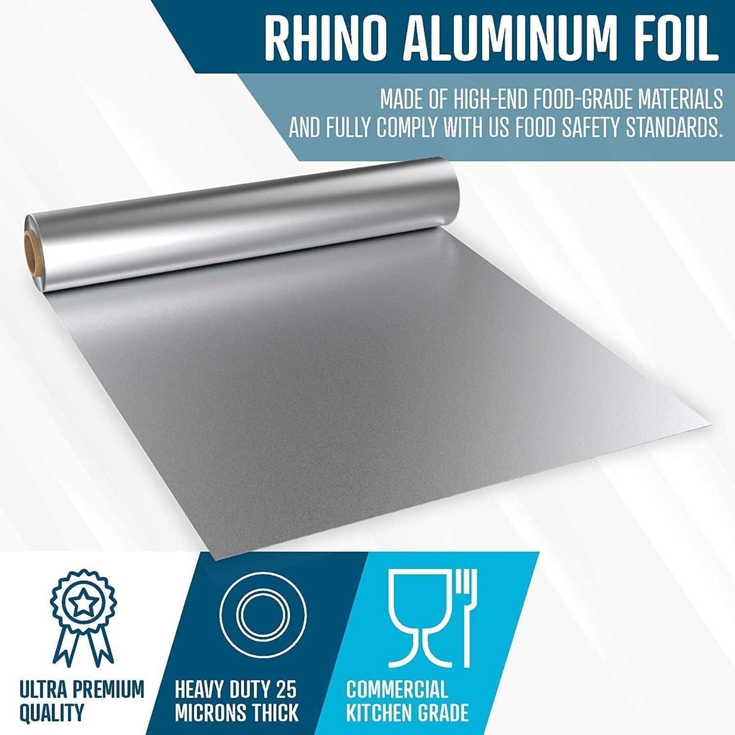 Rhino Aluminum Heavy Duty Aluminum Foil - 18 x 525 sf Roll, 25 Microns Thick - Commercial Grade & Extra Thick, Strong Enough for Food Service Industry (Pack of 1)