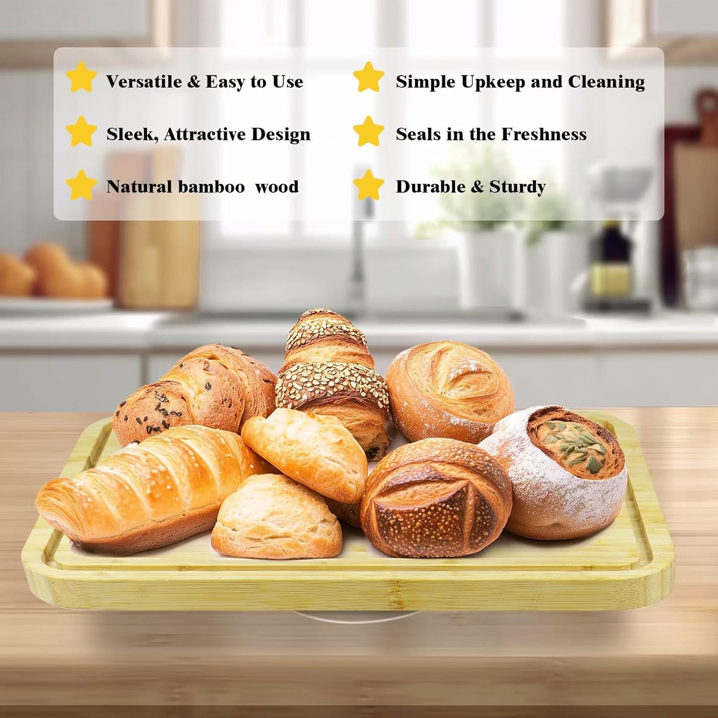 Cutesun Bamboo Wood Cake Stand with Lid - Rectangular Cake Holder, 16'' 2-in-1 Dessert Table Display Set & Charcuterie Board for Cheese, Chips, Fruit Platter, Large/big Acrylic Cake Dome Cover, Natural