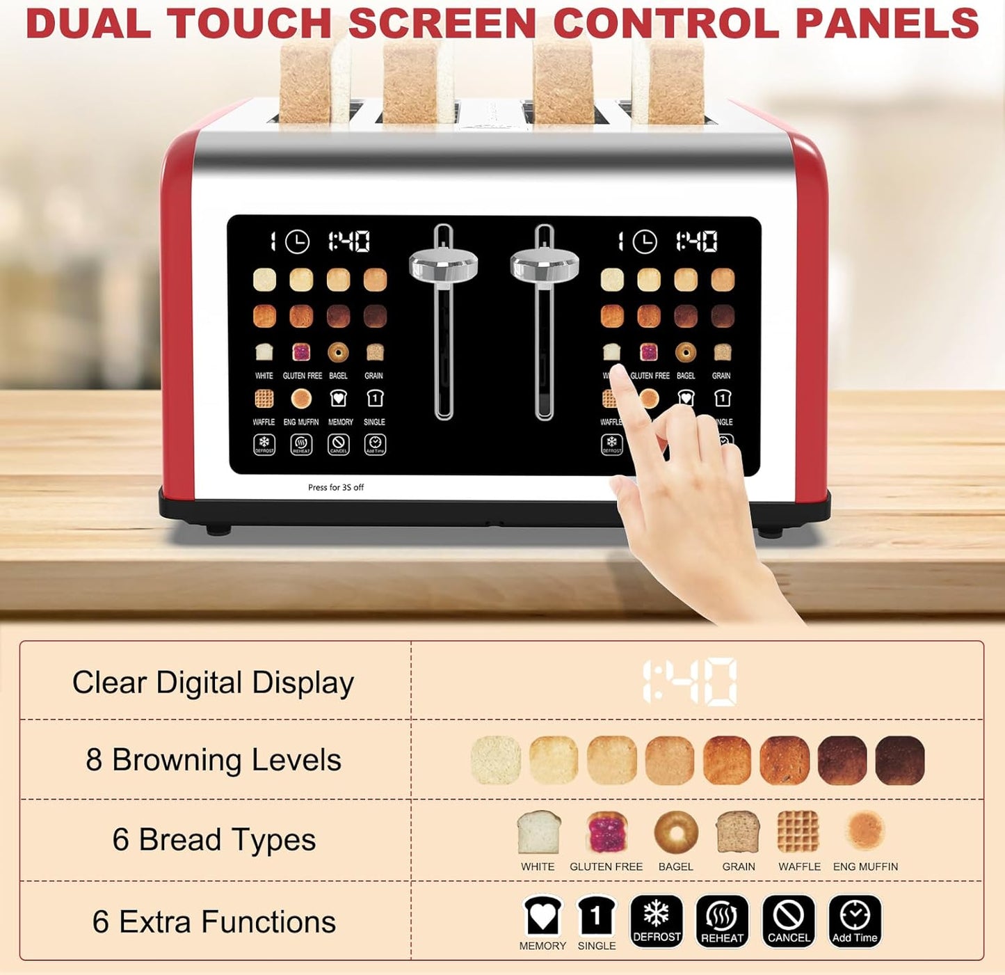 4 Slice Toaster Touch Screen, Stainless Steel Toasters Digital Timer, Dual Control Panel Toasters, 8 Shade Settings 6 Bread Types for Bagel, Cancel, Defrost 1650W Red