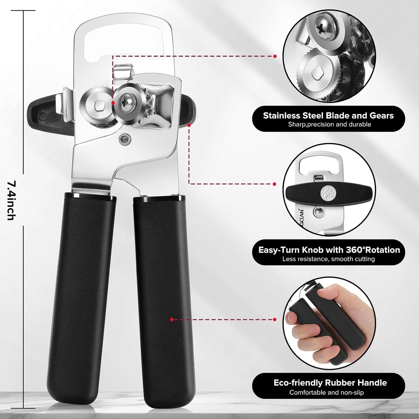 Can Opener Manual w/Magnet - Heavy Duty Hand Held Can Openers & Bottle Opener, Sharp Blade, Smooth Edge on Cans, Soft Grip Rubber Handle, Effortless Turn Knob for Seniors and Arthritis, Black