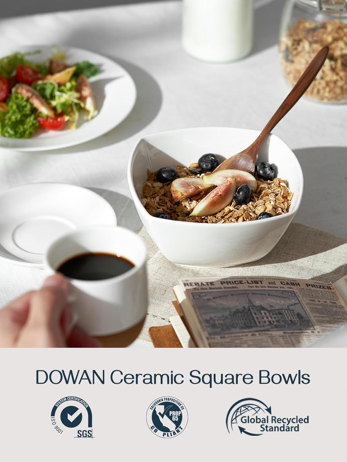 DOWAN Porcelain Soup Bowls Set of 6, 27 OZ Ceramic Square Cereal Bowls, White Bowl, for Ice Cream and Dessert Snack, Wedding Party Gift, Microwave Safe Bowl