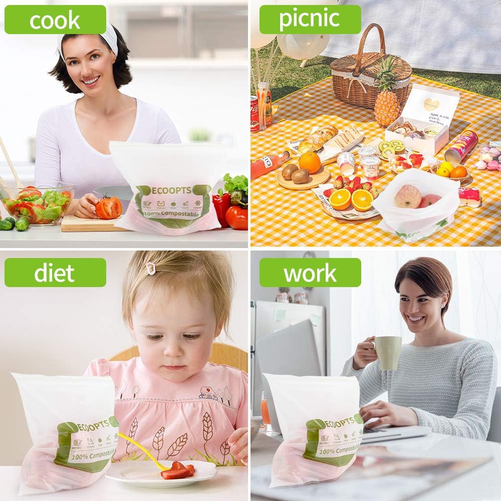 100% Compostable Large Sandwich Zip Bag | ECO-Friendly Food Storage Bags | Freezer Bag | Plant-Based BPA-free | Seal well for Fruit,Food and Snack (L-2Pack)