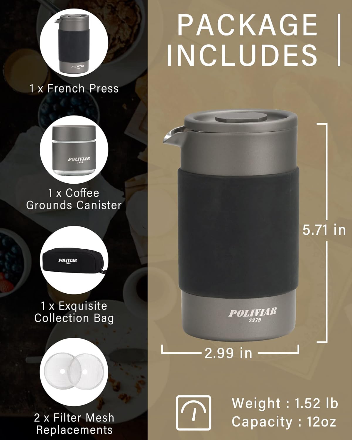POLIVIAR French Press Coffee Maker, 12 oz Portable French Press with Mini Canister and Collection Bag, Double Wall Insulation & Dual- Filter Screen, Food Grade Stainless Steel for Coffee
