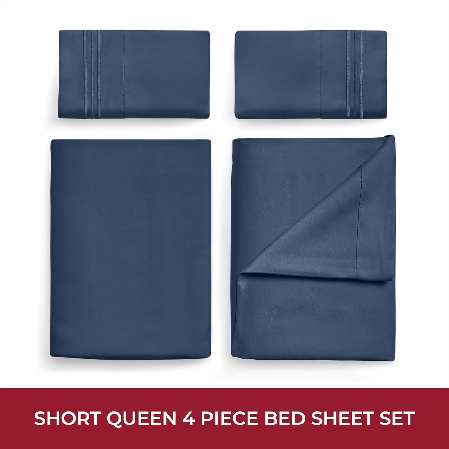 Mellanni RV Short Queen Sheets - 4 PC Iconic Collection Bedding - Hotel Luxury, Extra Soft, Cooling Bed Sheets - Deep Pocket up to 10 inch (RV/Short Queen, Navy Blue)
