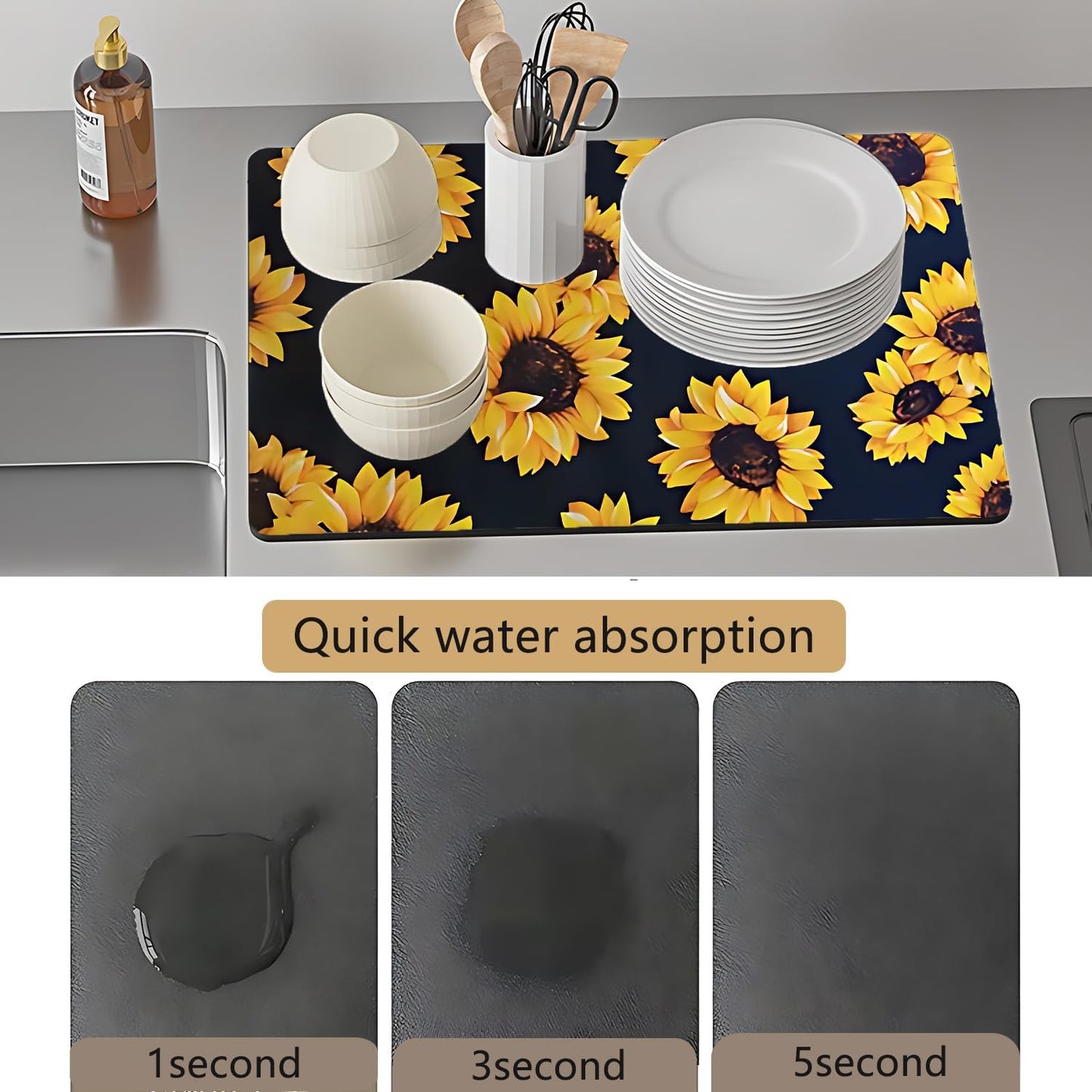 Dish Drying Mat Foldable Fall Kitchen Drying Mat Absorbent Sink Mat Multi-Purpose Coffee Pad Easy To Clean,Kitchen Gadgets,sunflower decor(sunflower) (18inches*30inches)