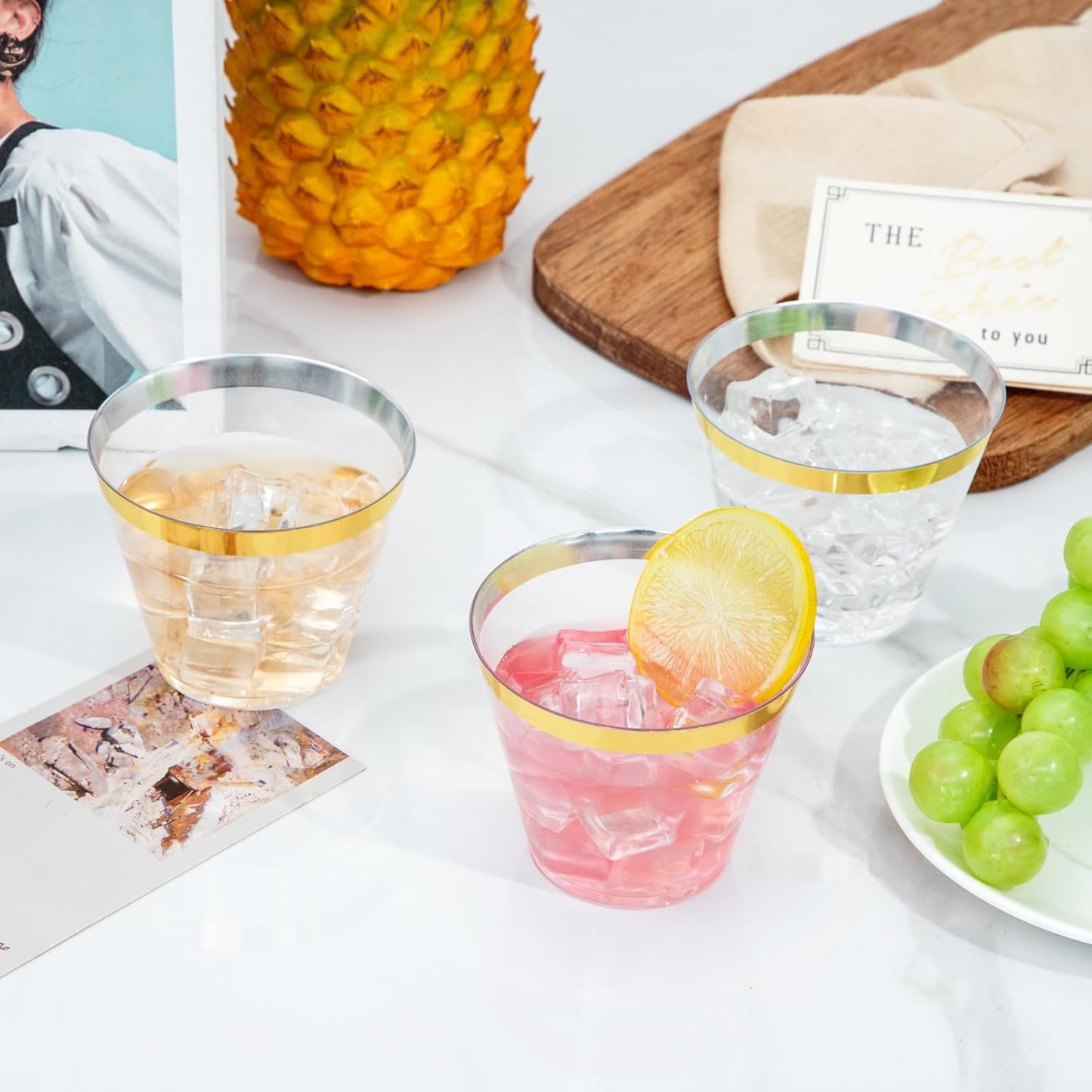 I00000 60PCS Gold Plastic Cups, 9 oz Clear Disposable Cups with Golden Trim, Heavy-Duty Disposable Hard Plastic Wine Glasses Cocktail Glasses Perfect for Party & Wedding