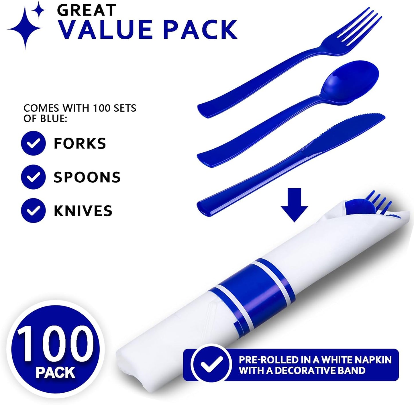400PCS Pre Rolled Blue Plastic Silverware Sets - Heavy Duty Blue Cutlery - Include 100 Pack Wrapped Disposable Utensils with Napkins for Parties & Dinners & Weddings