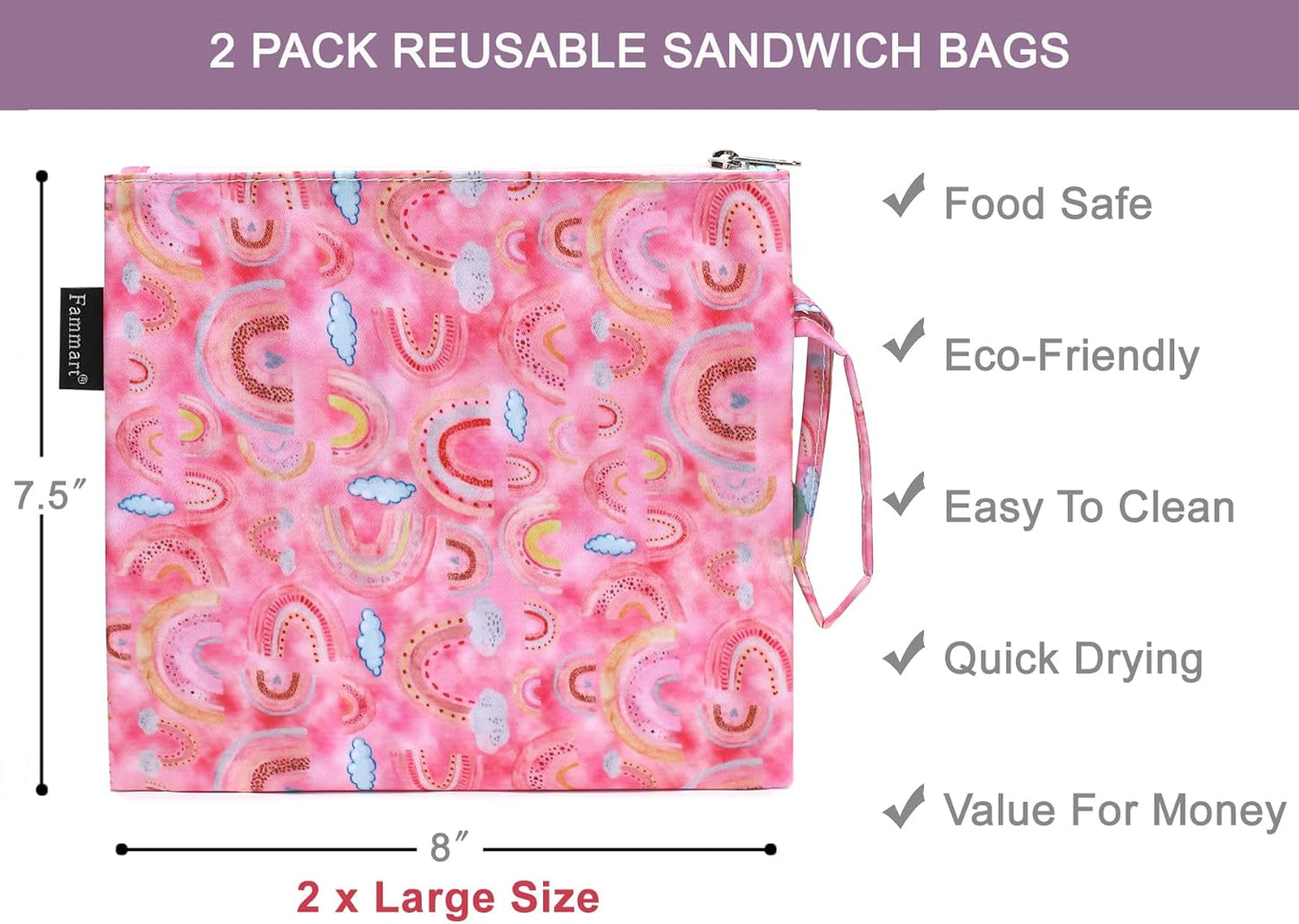 Reusable Sandwich Bag/Snack Bag for Kids & Adults, Dual Layer Lunch Bag with Handle, Washable, Food Safe, BPA Free (2-Pack, Rainbow)